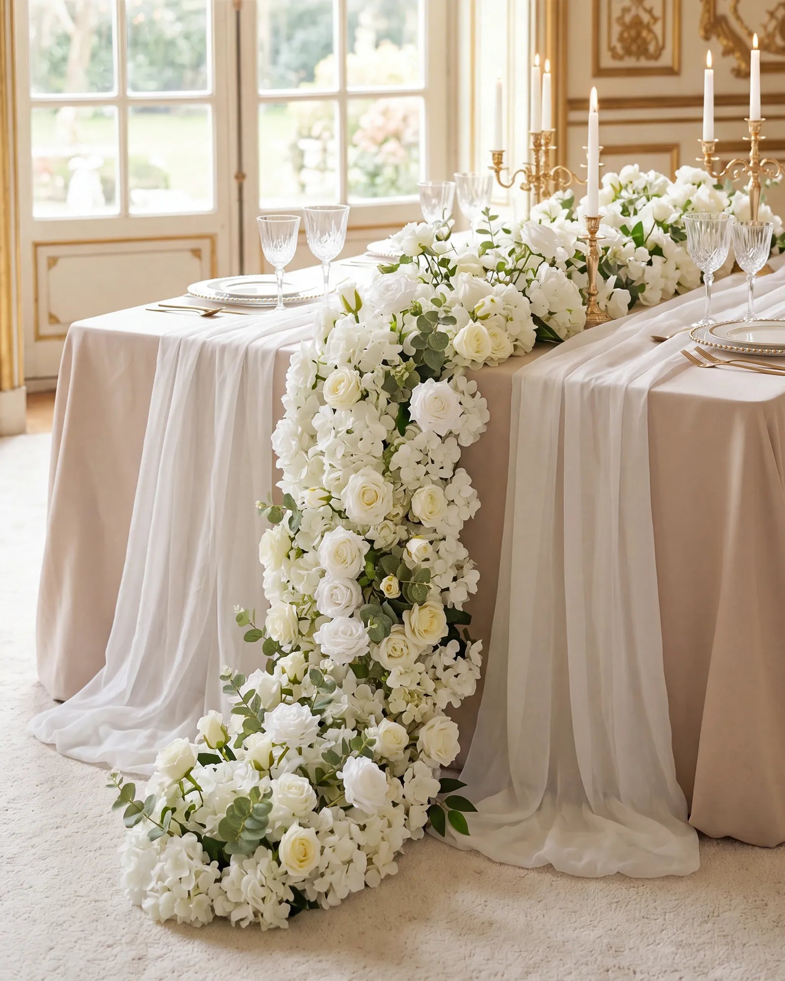 Uflower 200cm White Rose Greenery Flower Row with Drapes MC89004-02
