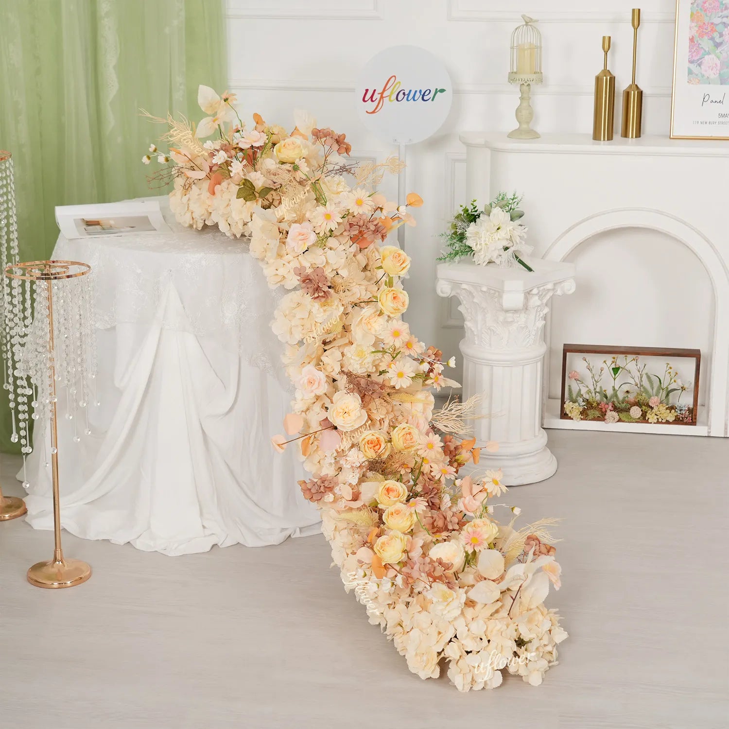 Uflower Champagne Floral Row Wedding & Party Table Runner Decor MC80313-01