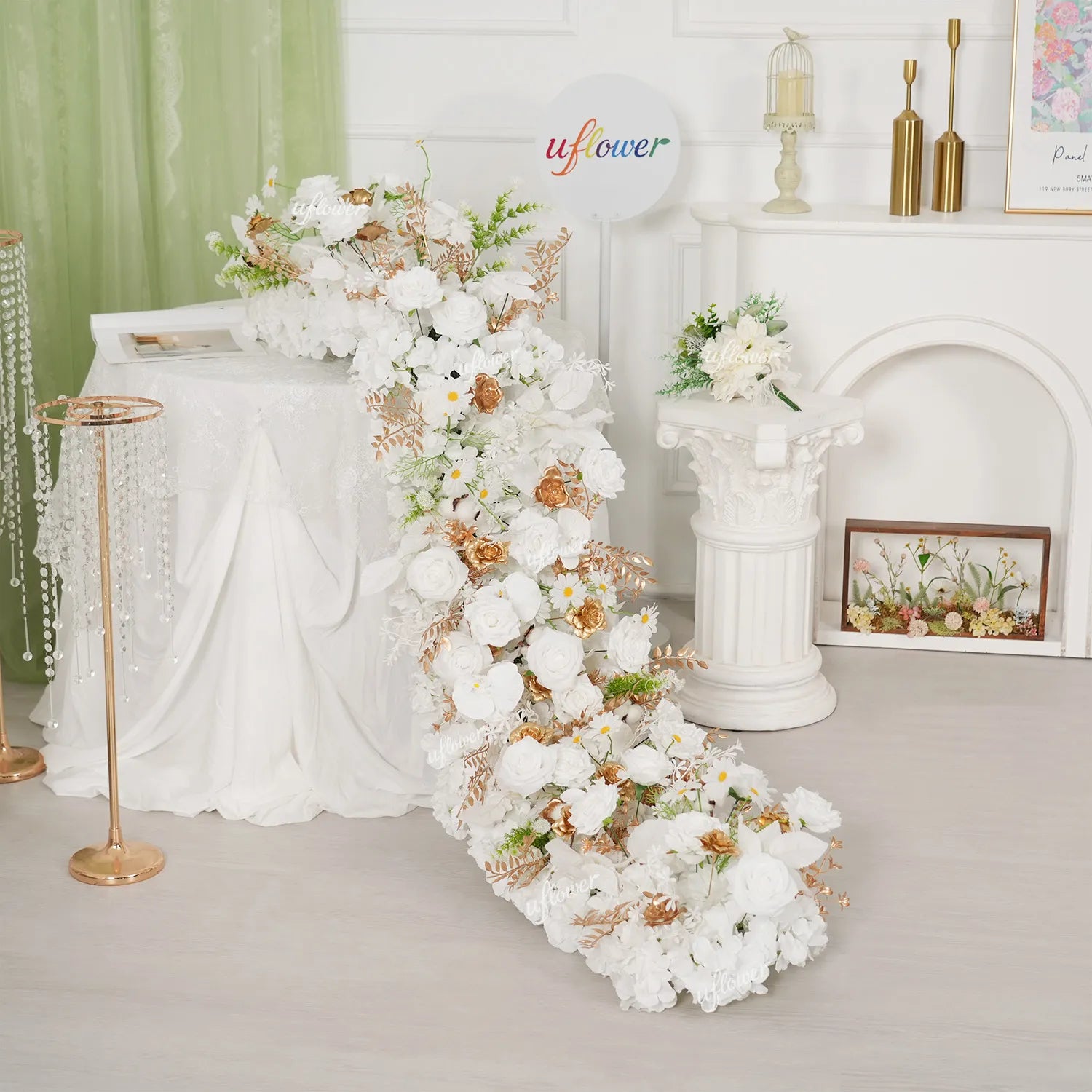 Uflower White Gold Floral Row Wedding & Party Table Runner Decor MC80314-01