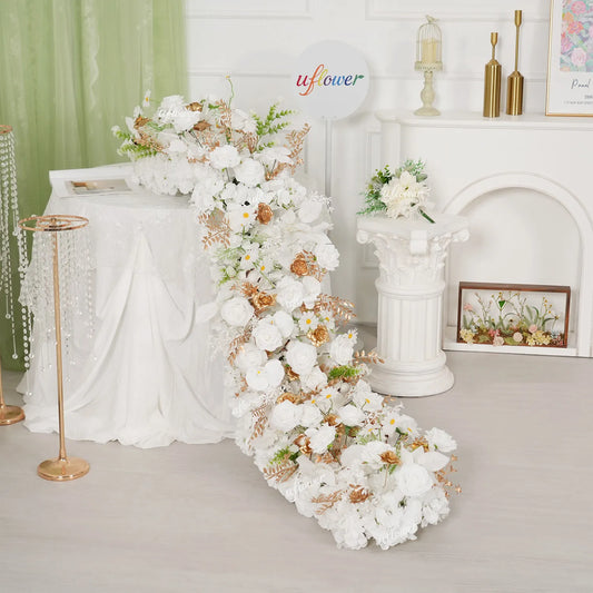 Uflower White Gold Floral Row Wedding & Party Table Runner Decor MC80314-01