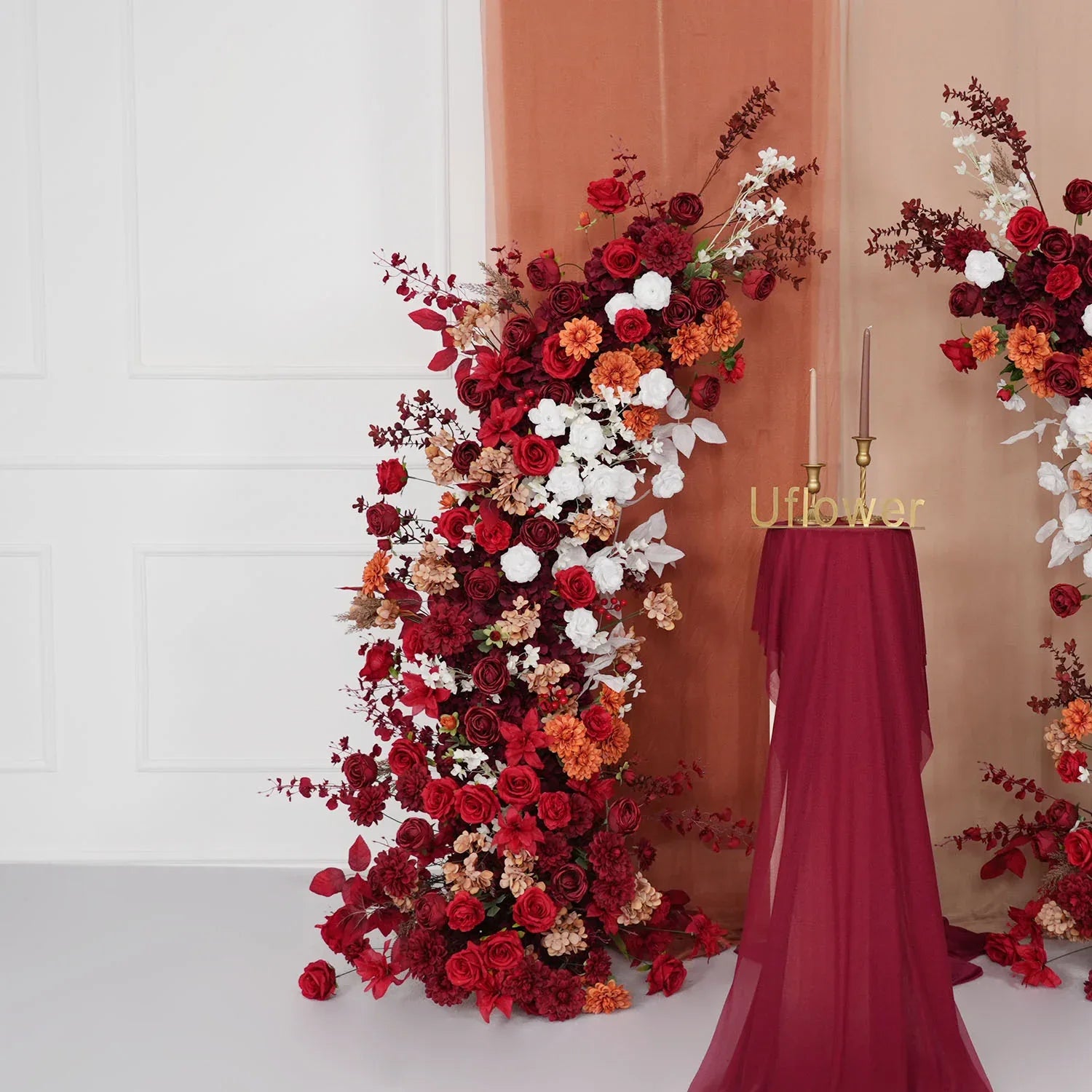 Uflower Autumn Red Rose Floral Arrangement Horn Arch Wedding Backdrop Decor SET80134 - Uflower