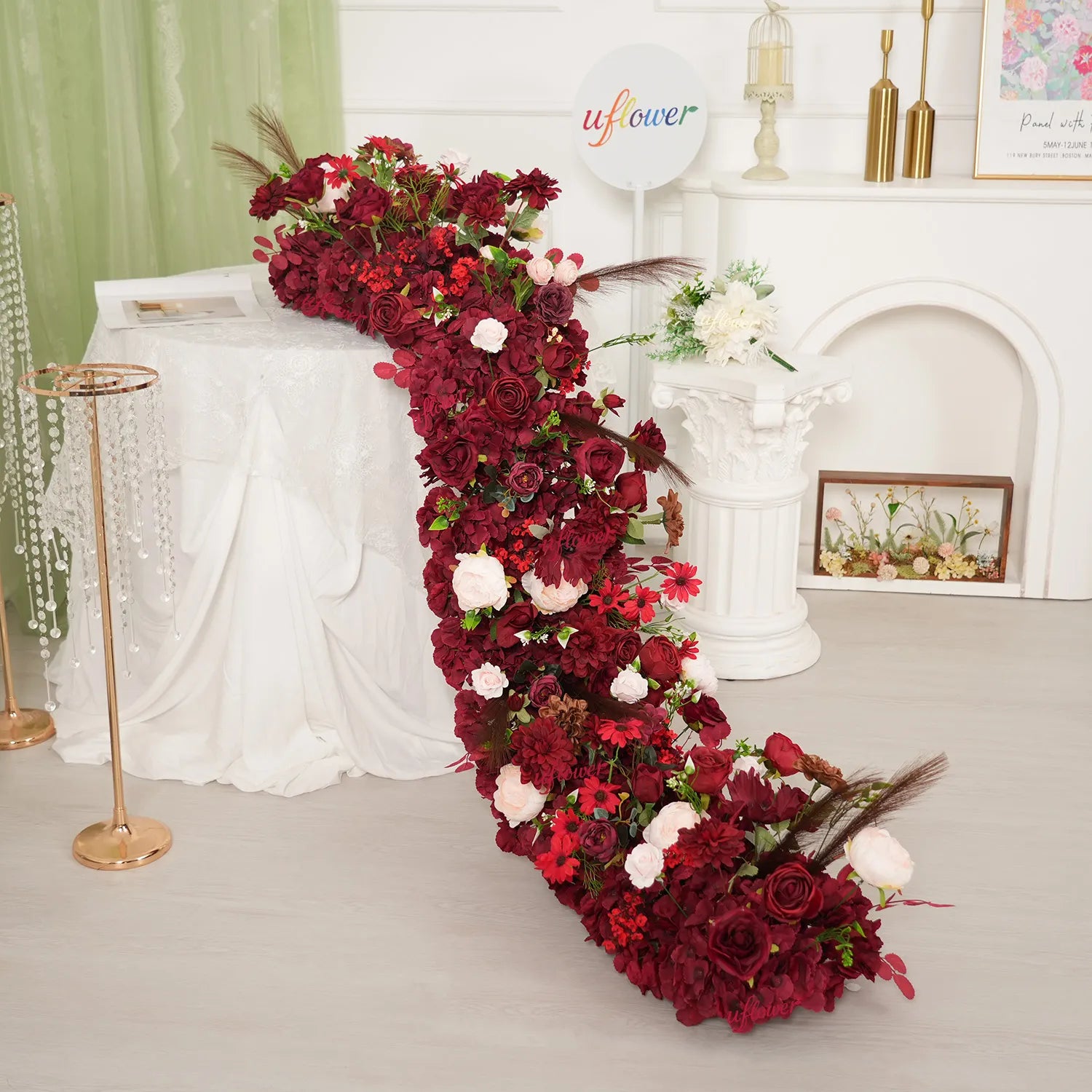 Uflower Luxury Burgundy Floral Row Wedding & Event Backdrop MC80308-01