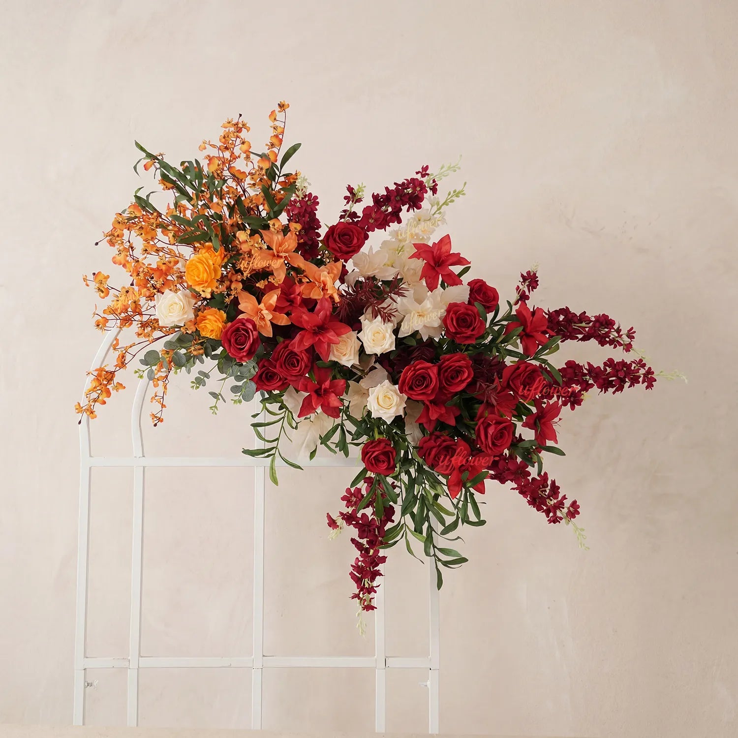 Uflower Red Orange  Flower Wedding Backdrop Arch Floral Arrangement SET80224