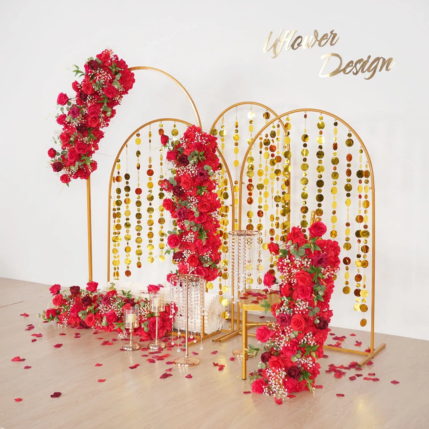 Uflower Artificial Red Rose Babysbreath Green Leaf Flower Row Wedding KT Backdrop Decor MC80131 - Uflower