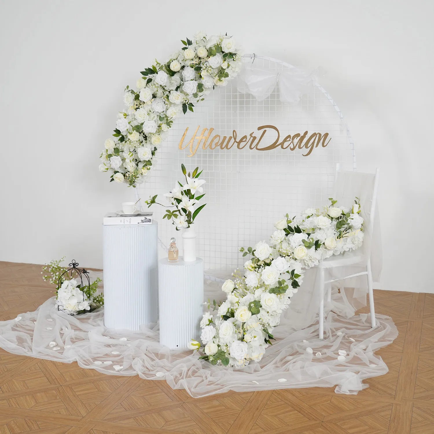 Uflower White Floral Arrangement Wedding Arch Backdrop Party Flower Row Decor MC80115-01