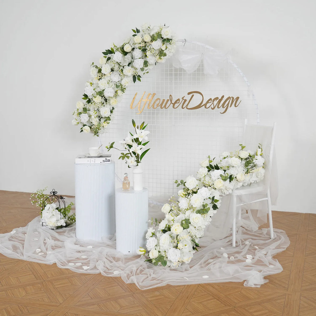Uflower White Floral Arrangement Wedding Arch Backdrop Party Flower Row Decor MC80115-01