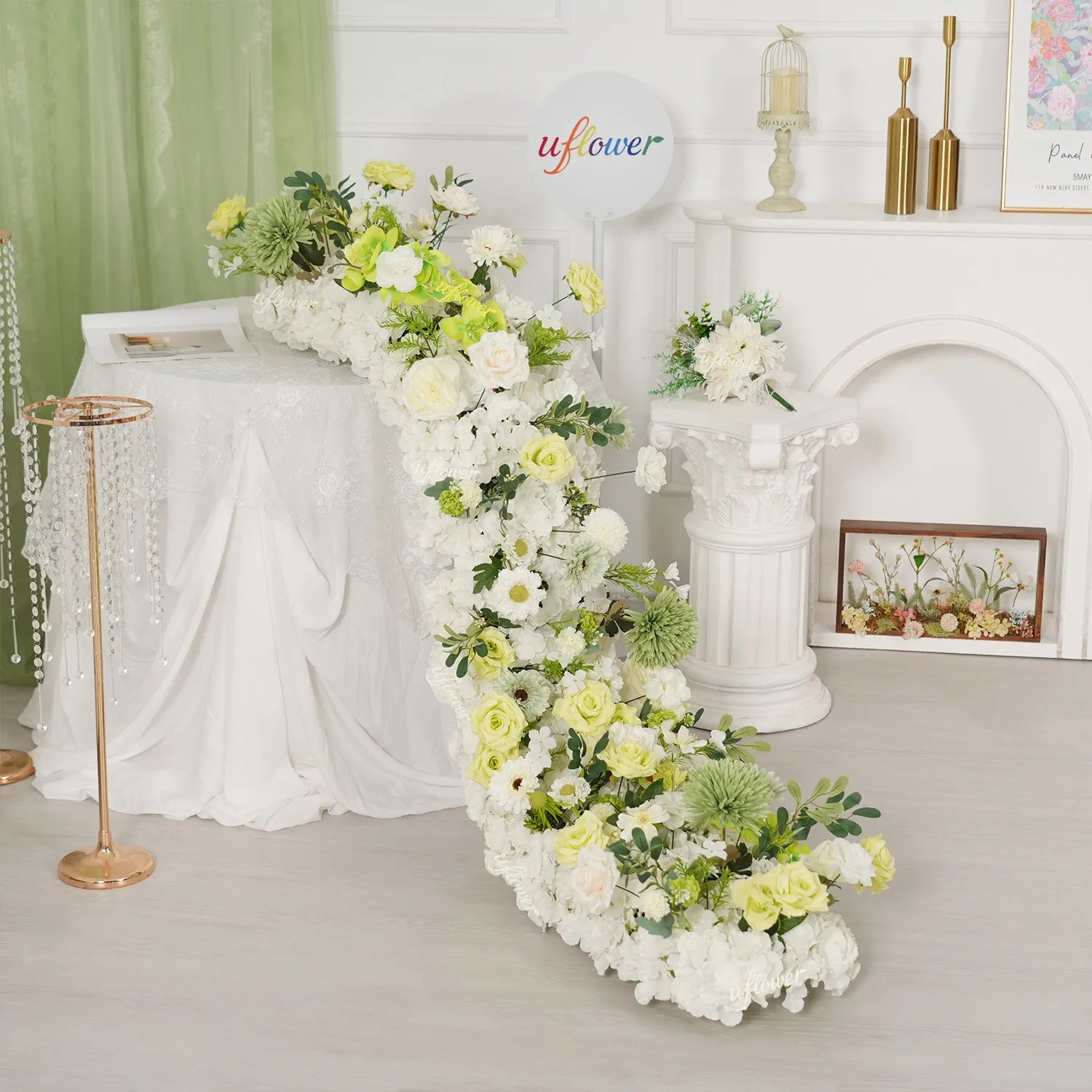 Uflower Cream White Green Floral Row Wedding & Party Table Runner Decor MC80307-01