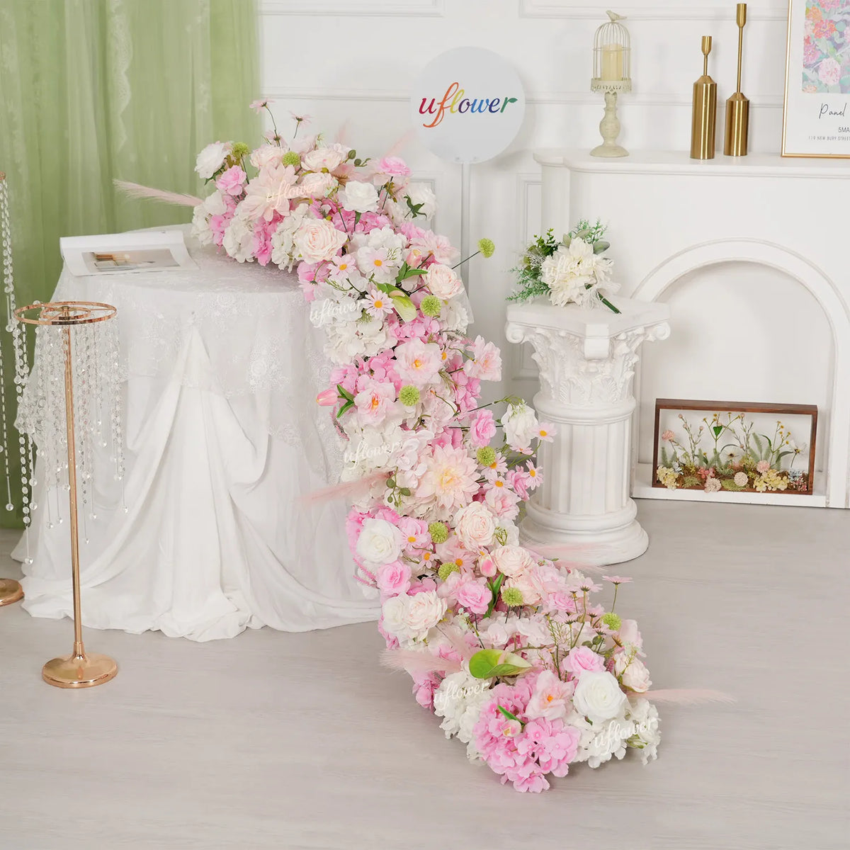 Chemin de table Uflower rose clair avec motifs floraux pour mariage et fête, décor MC80311-01