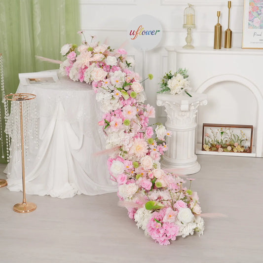 Uflower Light Pink Floral Row Wedding & Party Table Runner Decor MC80311-01