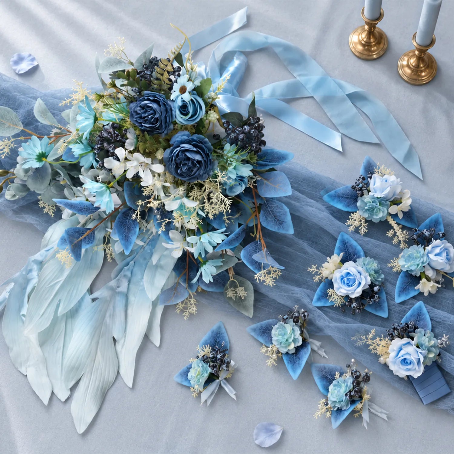 Uflower Romantic Blue Wedding Decor One-Stop Styling | Bridal Bouquet, Boutonnieres, Table Flowers