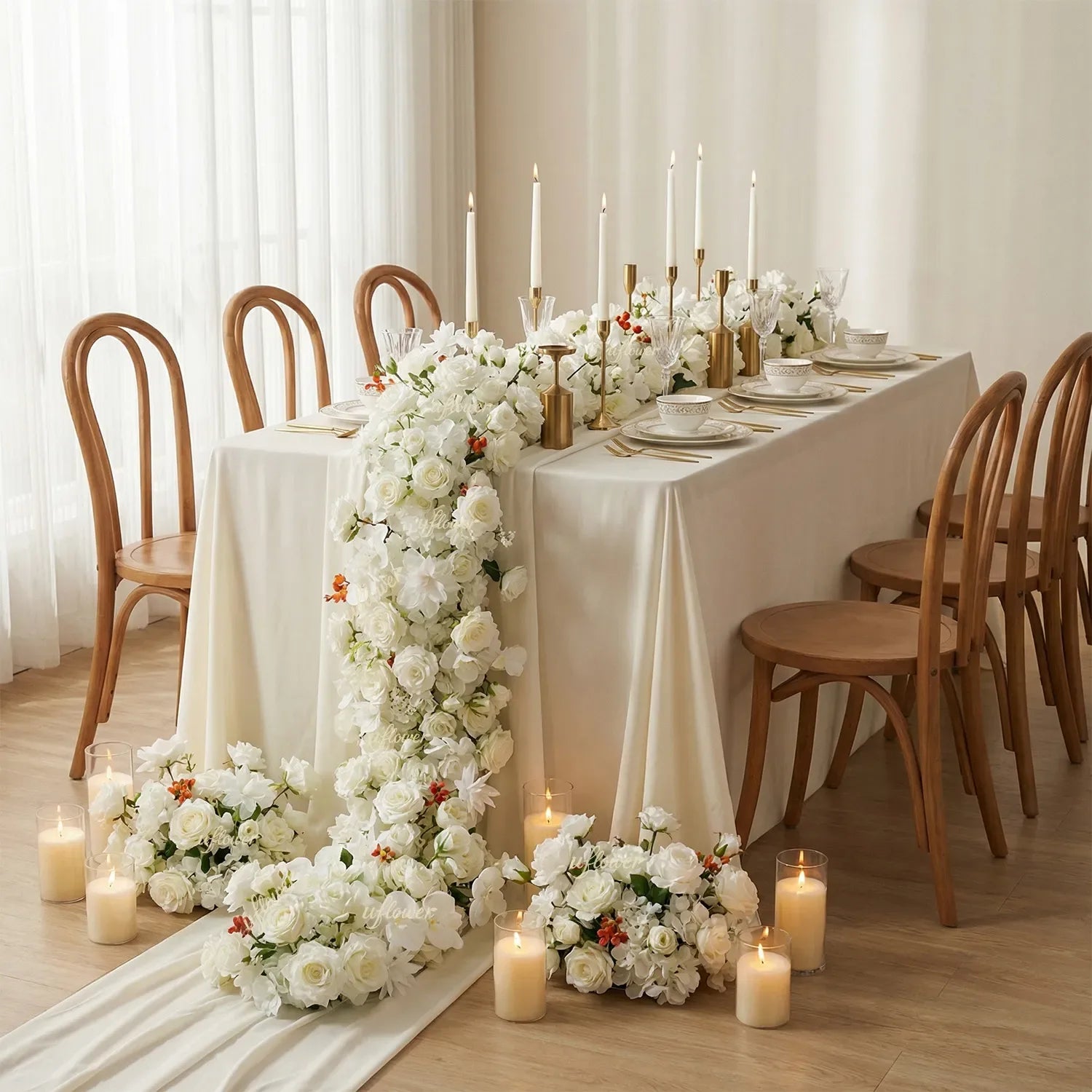 Uflower White Rose Table Runner Sofa Floral Wedding Backdrop Decor SET80146 - Uflower