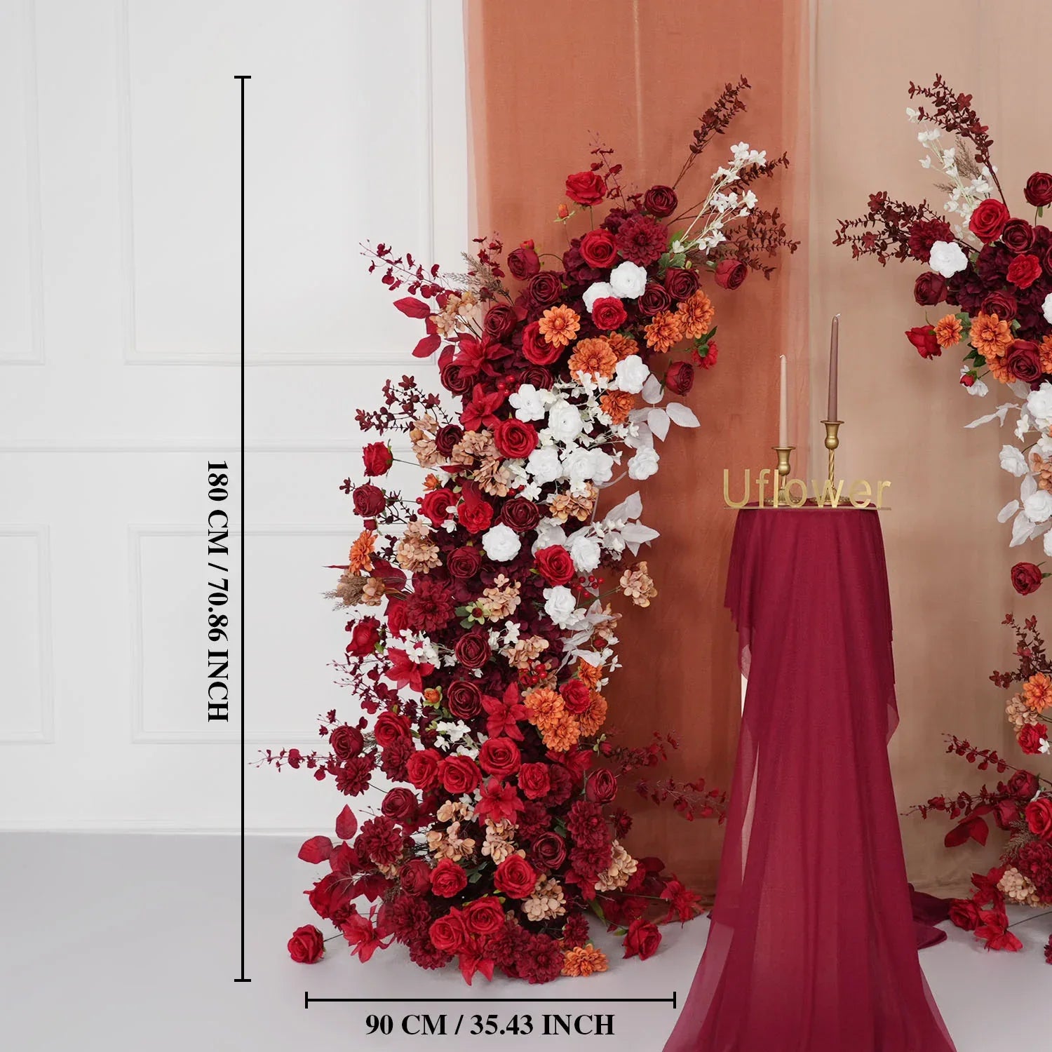 Uflower Autumn Red Rose Floral Arrangement Horn Arch Wedding Backdrop Decor SET80134 - Uflower