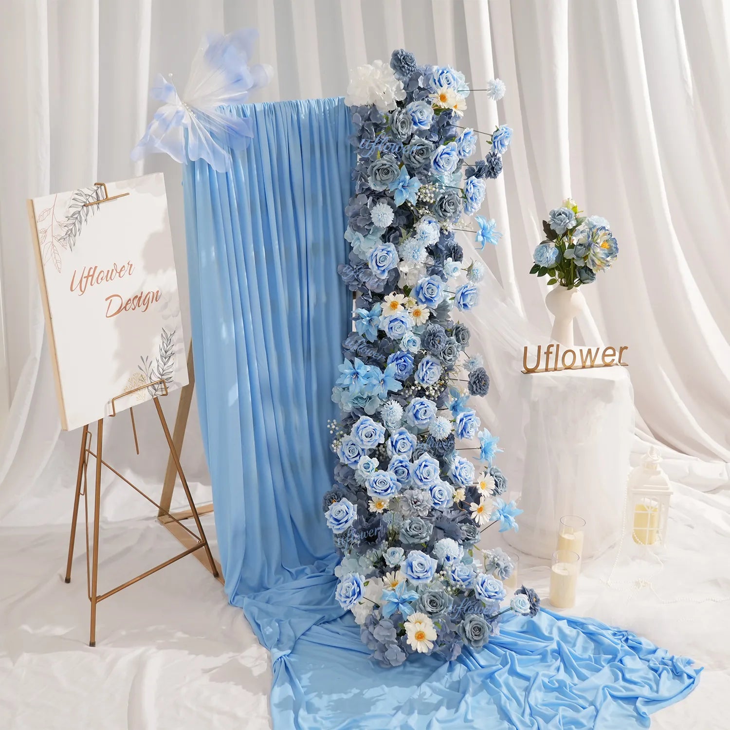 Uflower Blue Table Runner Sofa Floral Wedding Backdrop Decor MC80227-01