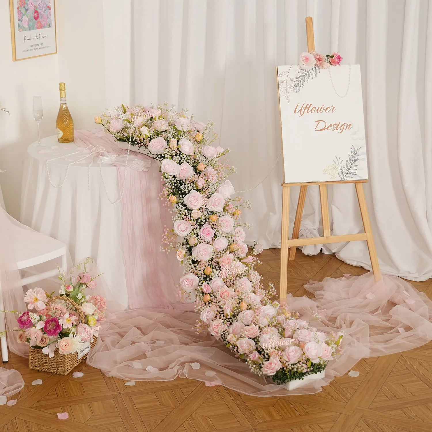 Uflower  Pink Rose&Baby's Breath Flower Row  Table Runner  MC80230-05