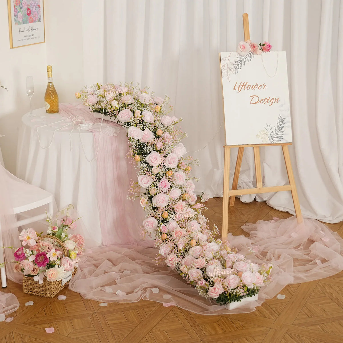 Uflower  Pink Rose&Baby's Breath Flower Row  Table Runner  MC80230-05