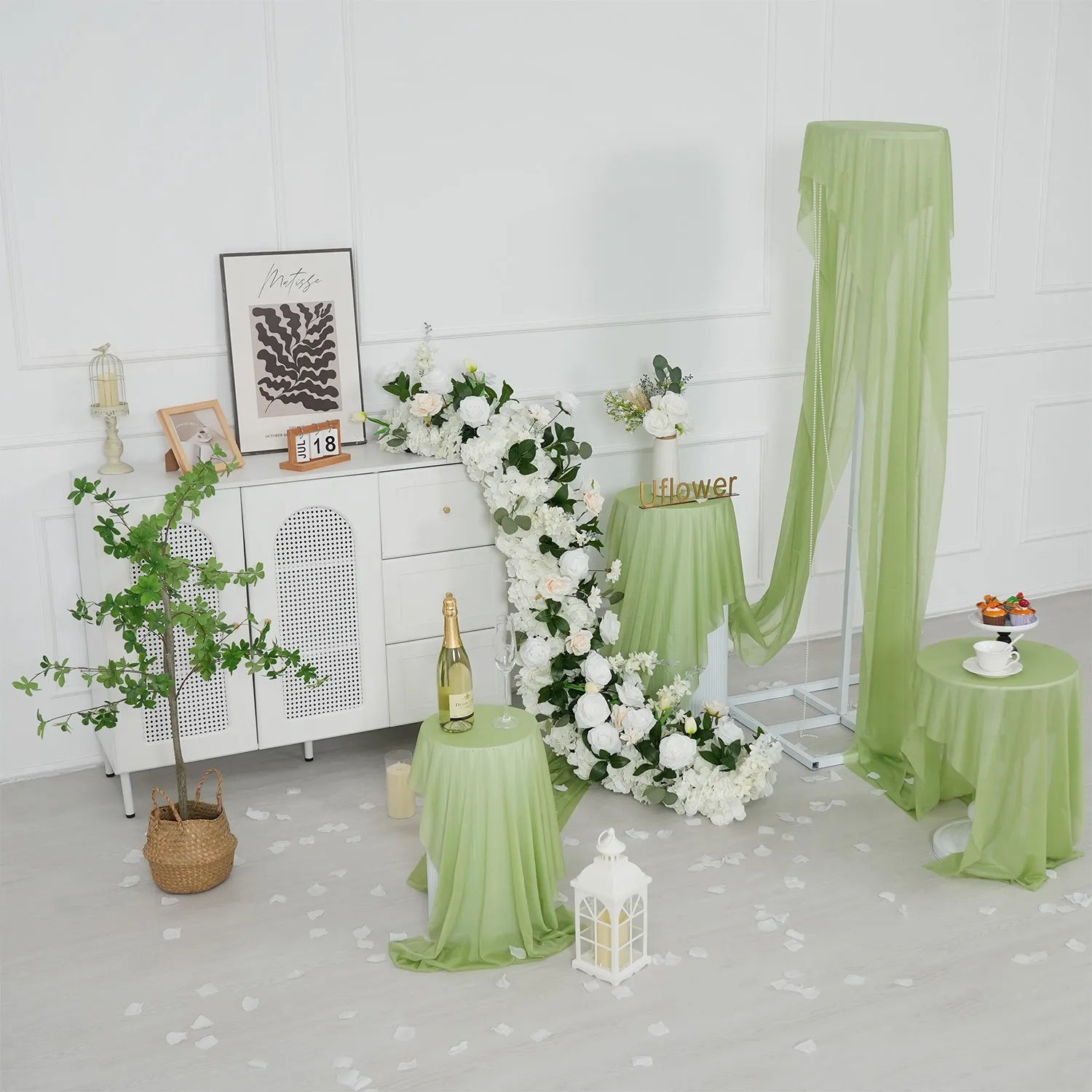 Uflower White Rose Greenery Sofa Table Runner Floor Flower Arrangement MC80222-04