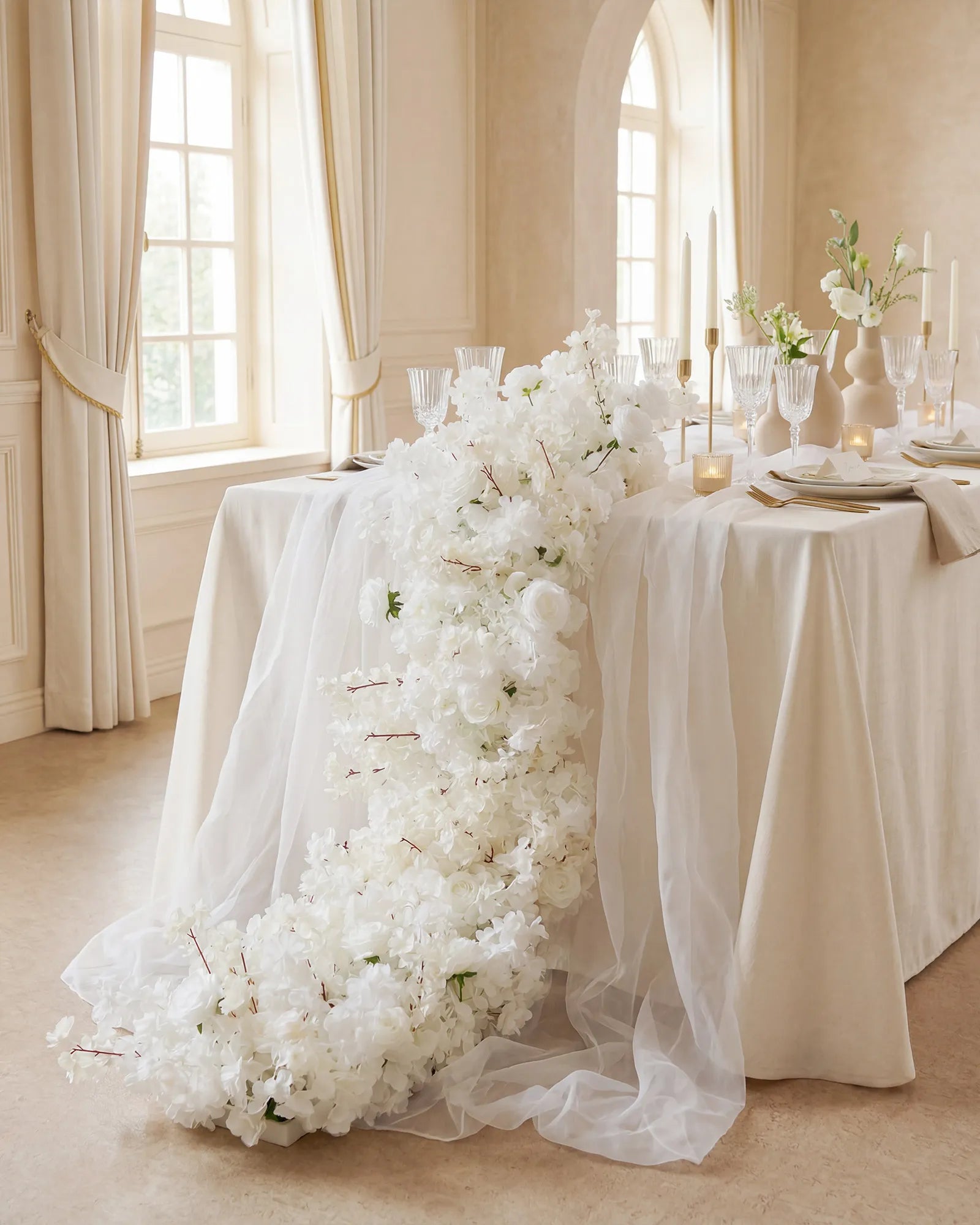 Uflower 200cm White Rose & Sakura Blossom Flower Row with Drapes MC89001-02