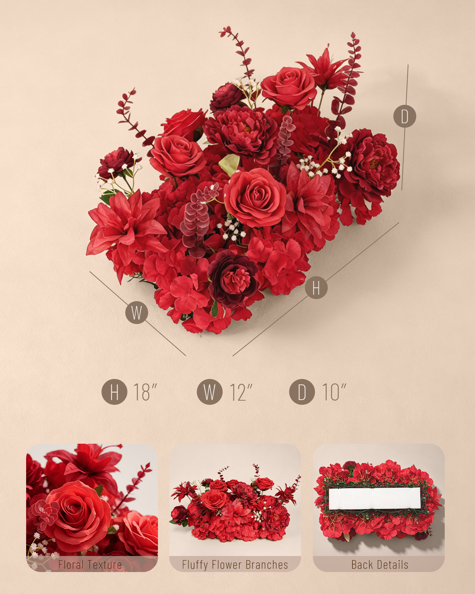 Uflower 50cm Red Rose & Peony Flower Row MC89005-03