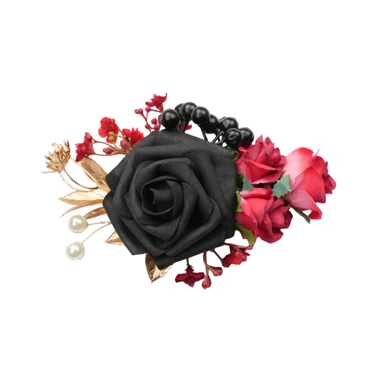 Uflower Black Burgundy Bride Bouquet Wrist Corsage Groom Boutonniere Set Wedding Event Supplies SET80080-11 - Uflower