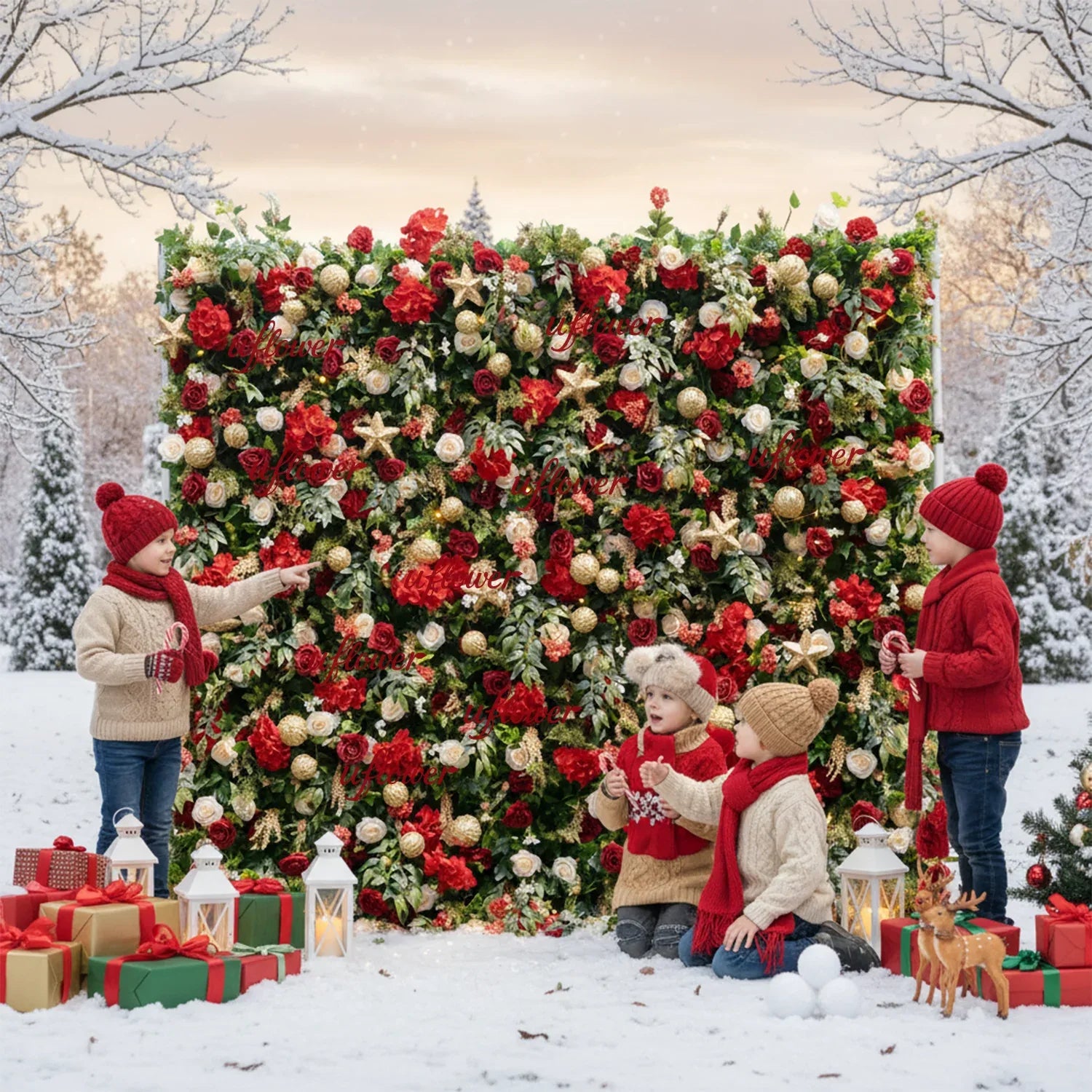 Uflower Christmas Red Gold Flower Wall Luxurious Star & Ball Decorated Floral Backdrop Holiday Party Decor - Uflower