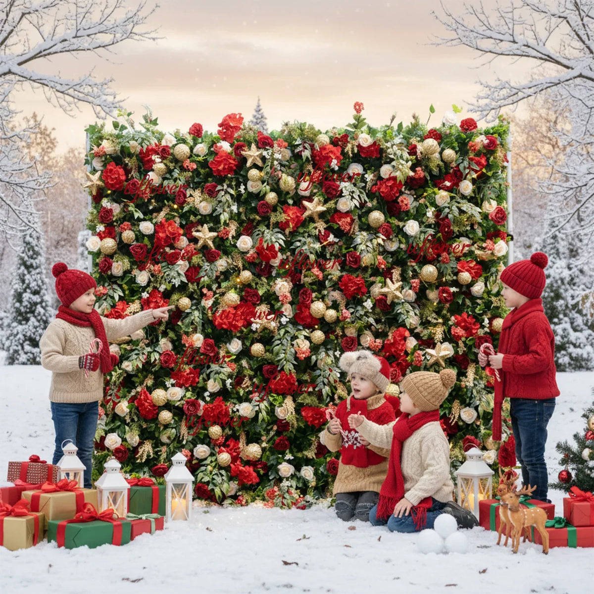 Uflower Christmas Red Gold Flower Wall Luxurious Star & Ball Decorated Floral Backdrop Holiday Party Decor - Uflower