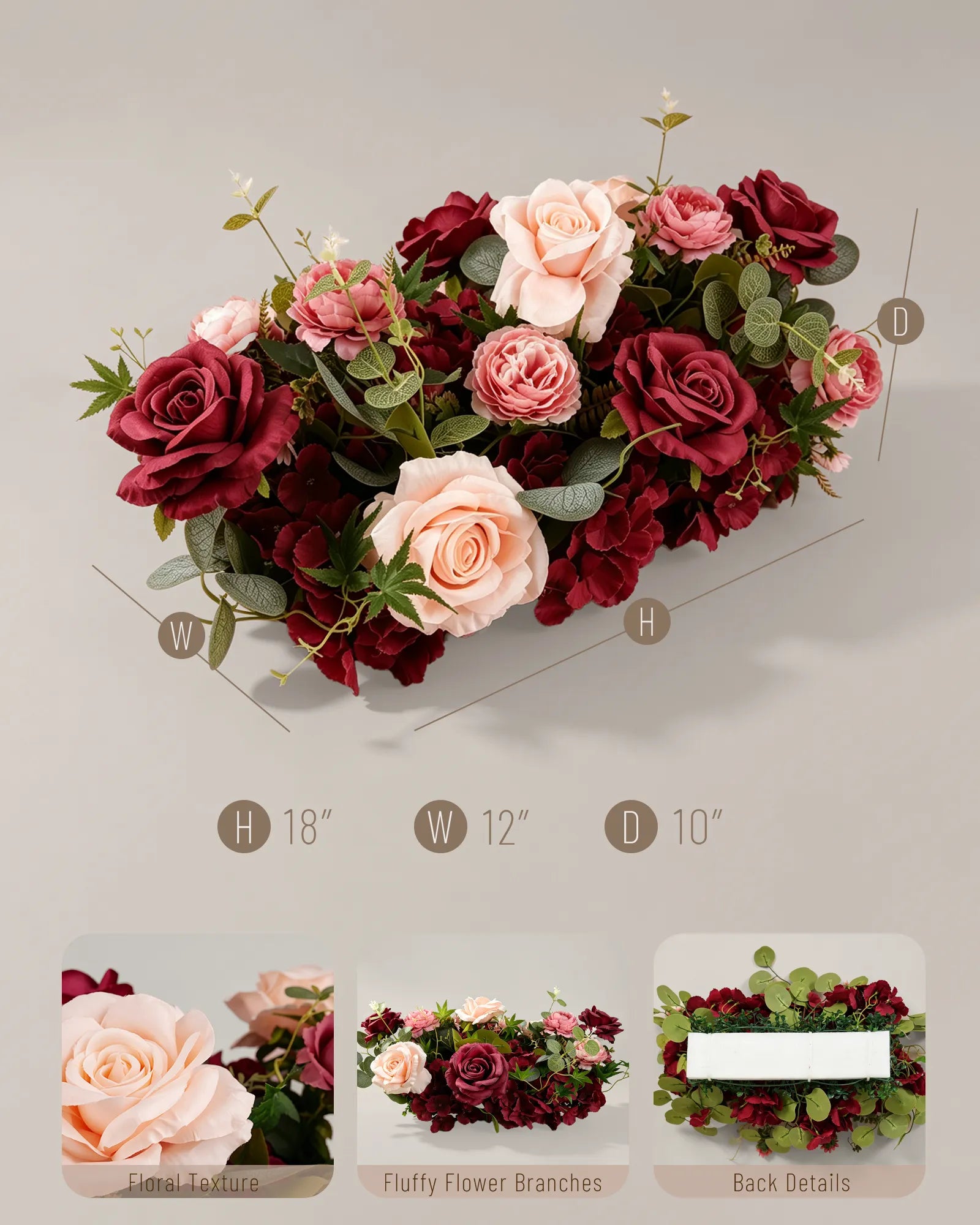 Uflower 50cm Burgundy Blush Rose Flower Row MC89010-03