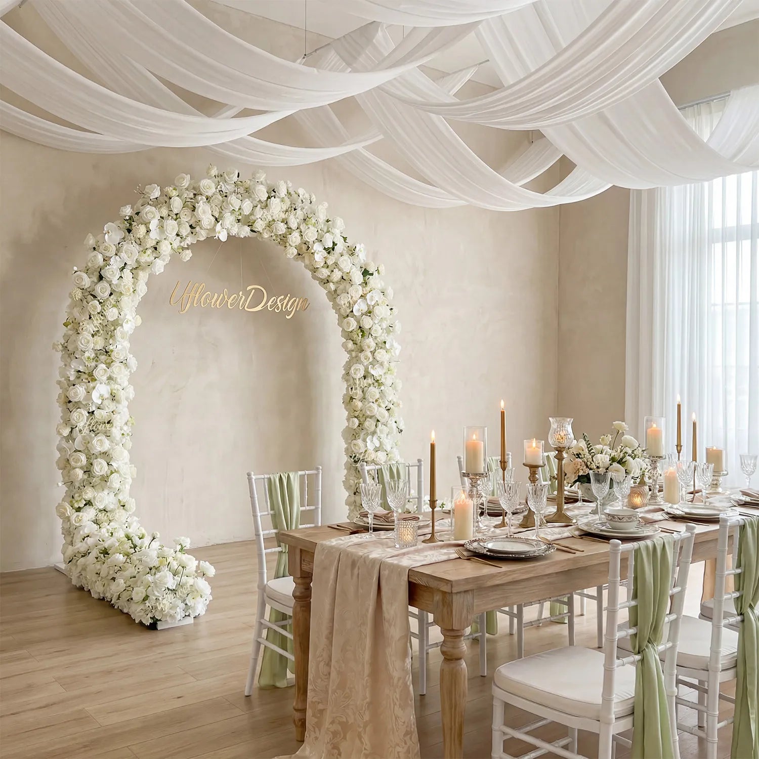 Uflower White Rose Floral Row Decor Wedding Backdrop Door Arch SET80218