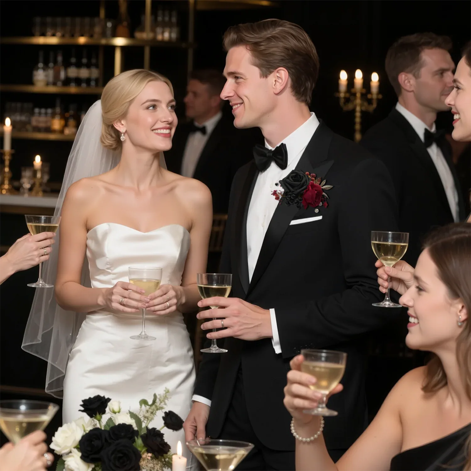 Uflower Black Burgundy Bride Bouquet Wrist Corsage Groom Boutonniere Set Wedding Event Supplies SET80080-11 - Uflower