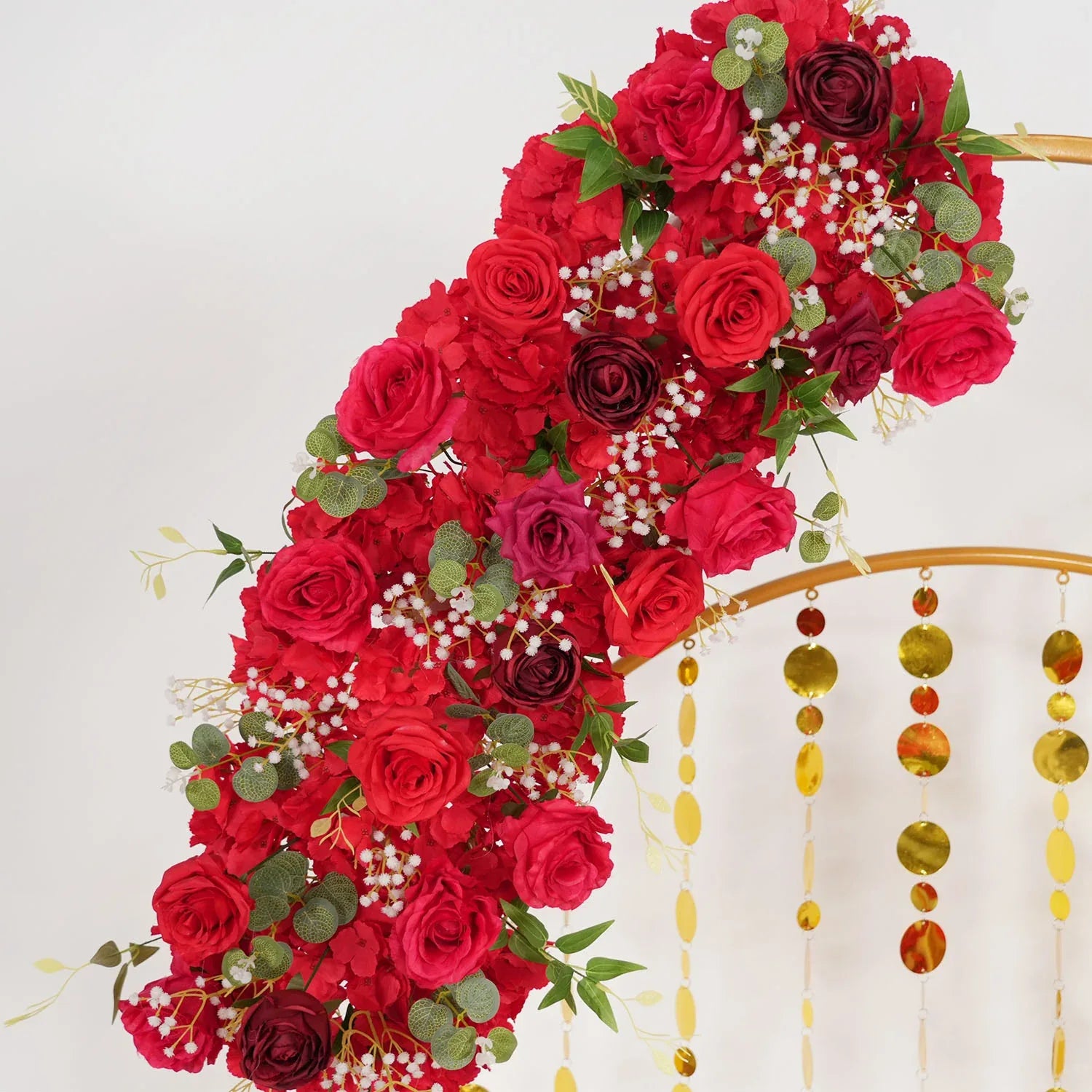 Uflower Artificial Red Rose Babysbreath Green Leaf Flower Row Wedding KT Backdrop Decor MC80131 - Uflower