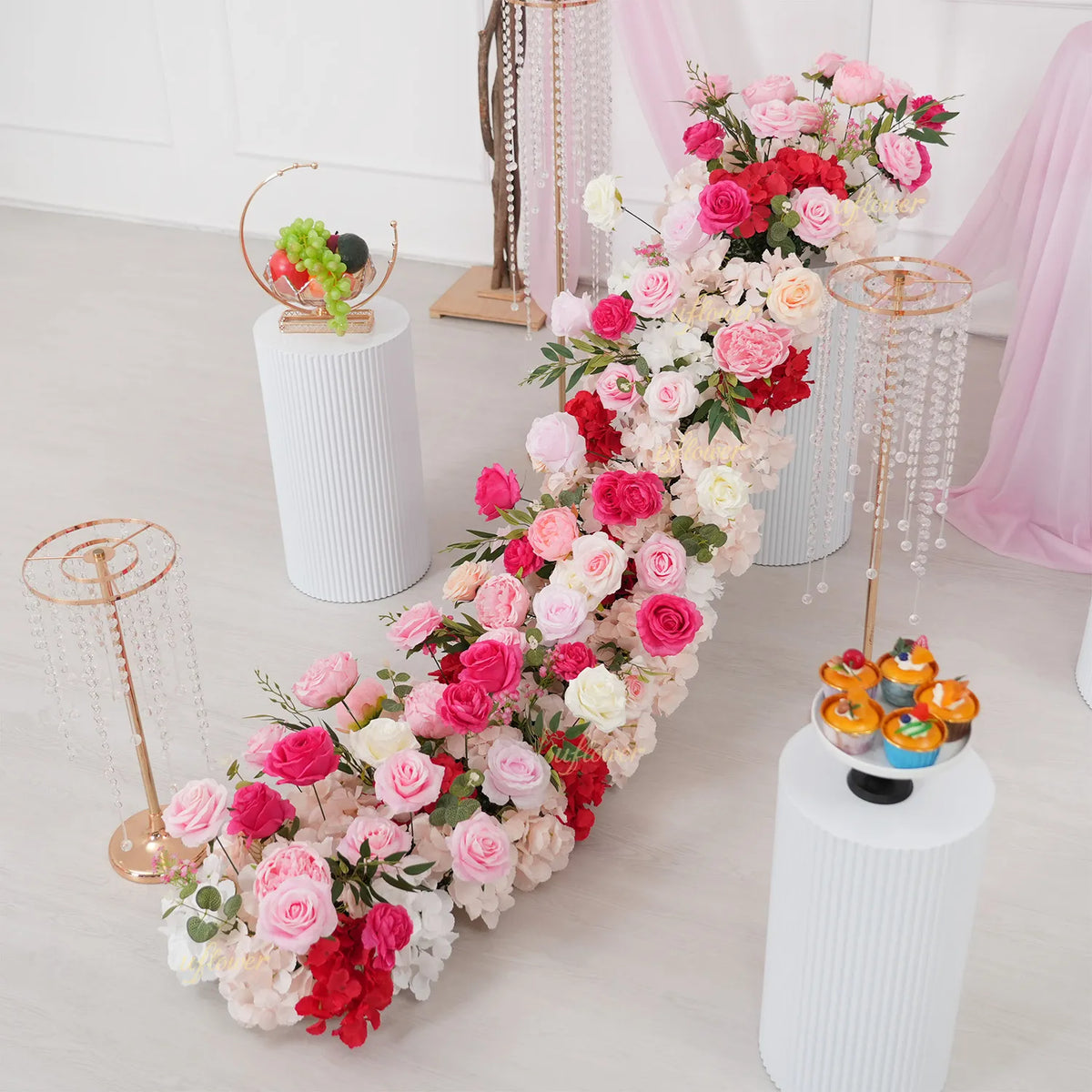Uflower Pink Rose Table Runner Sofa Floral Wedding Backdrop Decor MC80281-01