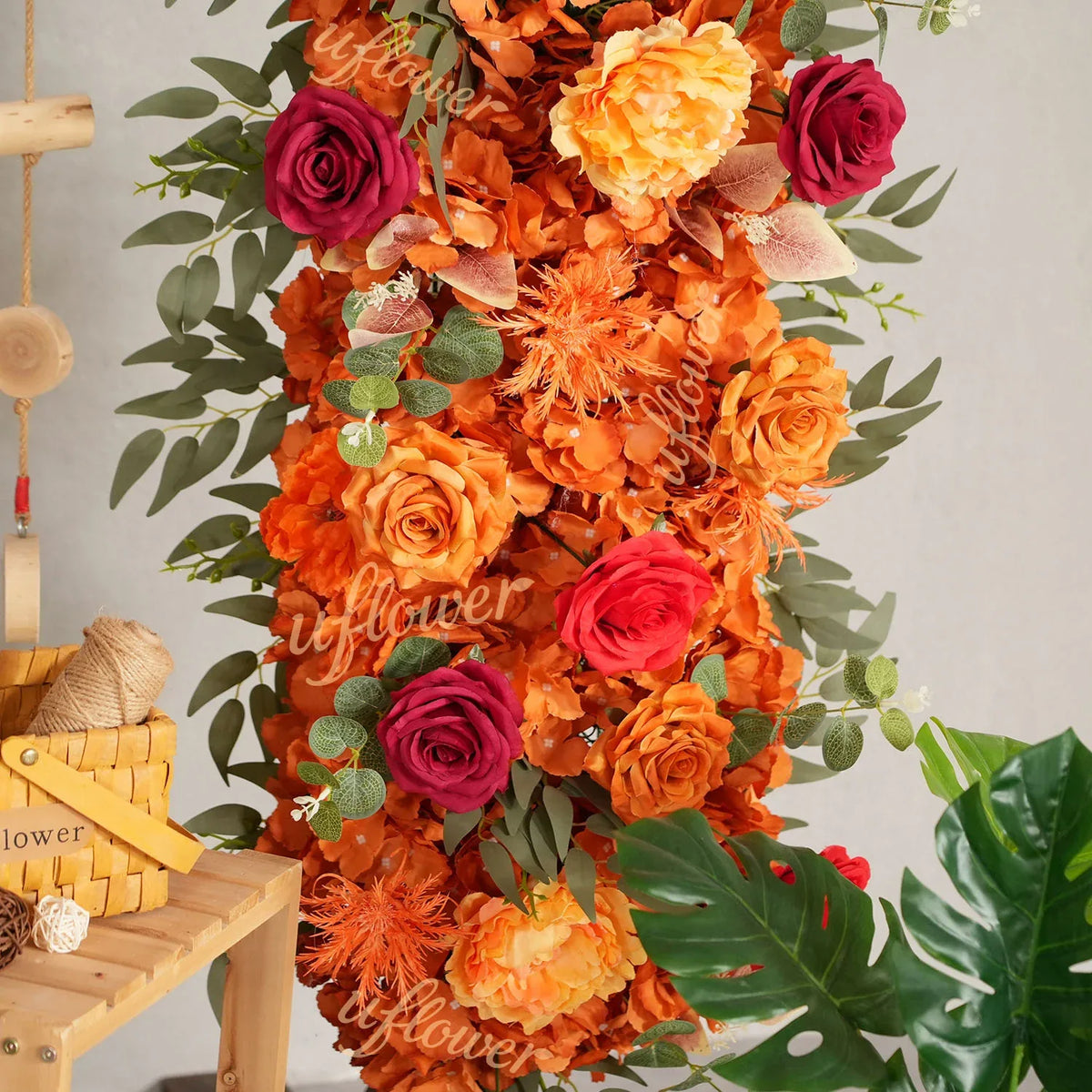 Uflower Orange Red Rose Floral Square Arch Wedding Party Ceremony Backdrop Decor SET80194 - Uflower