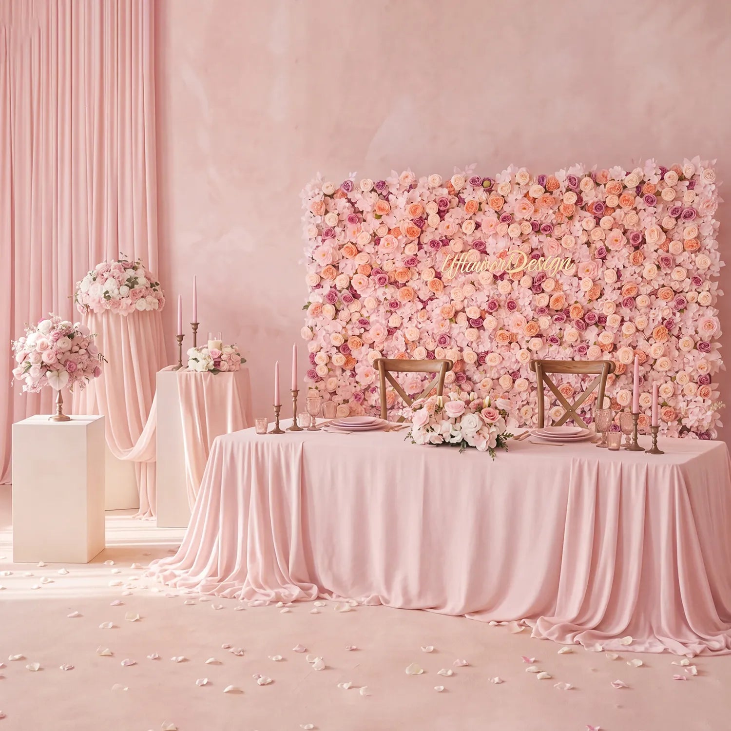 Uflower Pink Wedding Decorations | One-Stop Styling with Floral Wall, Table Flowers, Chair Flowers & Wreaths