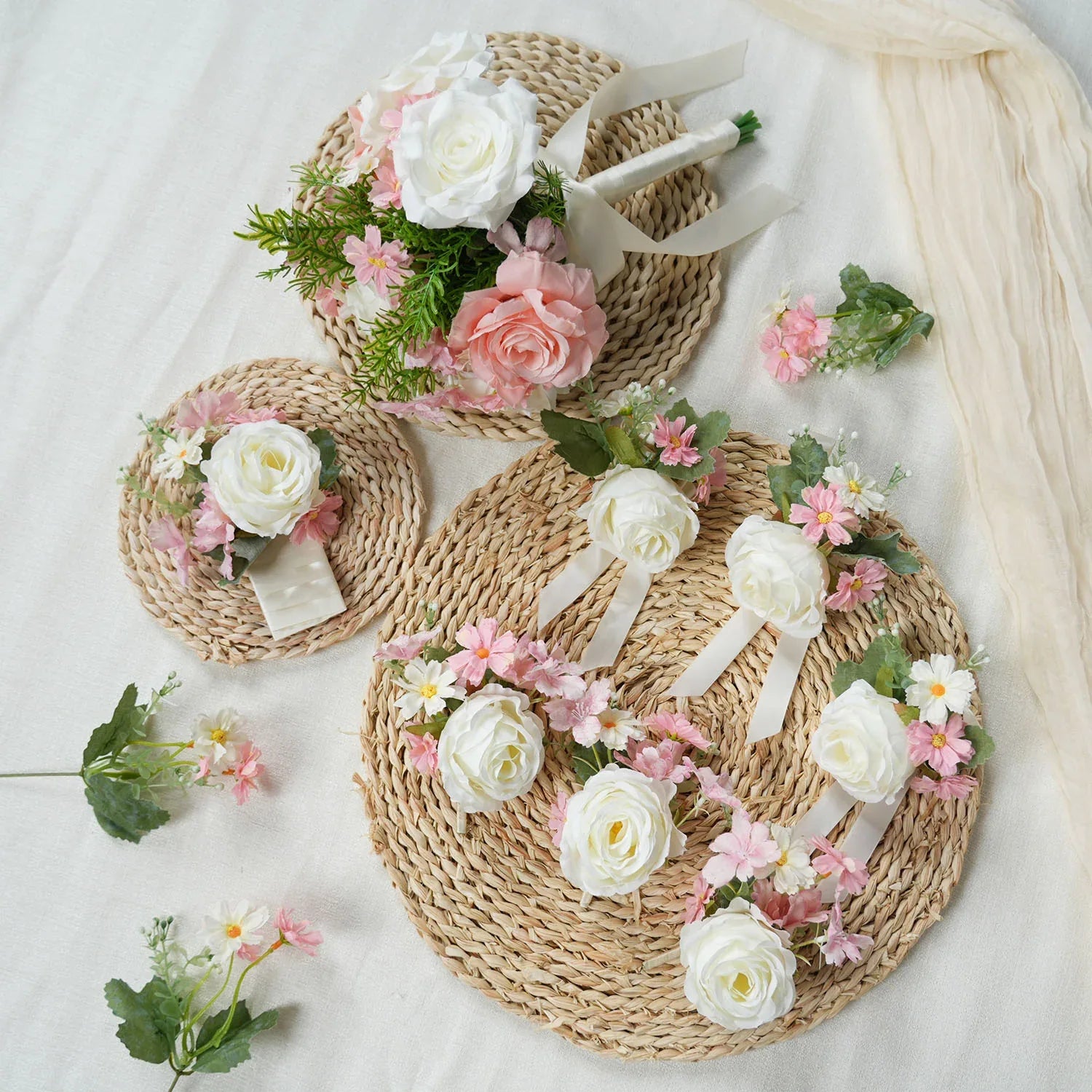 Uflower Pink White Series Bride Bouquet Wrist Corsage Groom Boutonniere Wedding Event Supplies SET80080-01 - Uflower