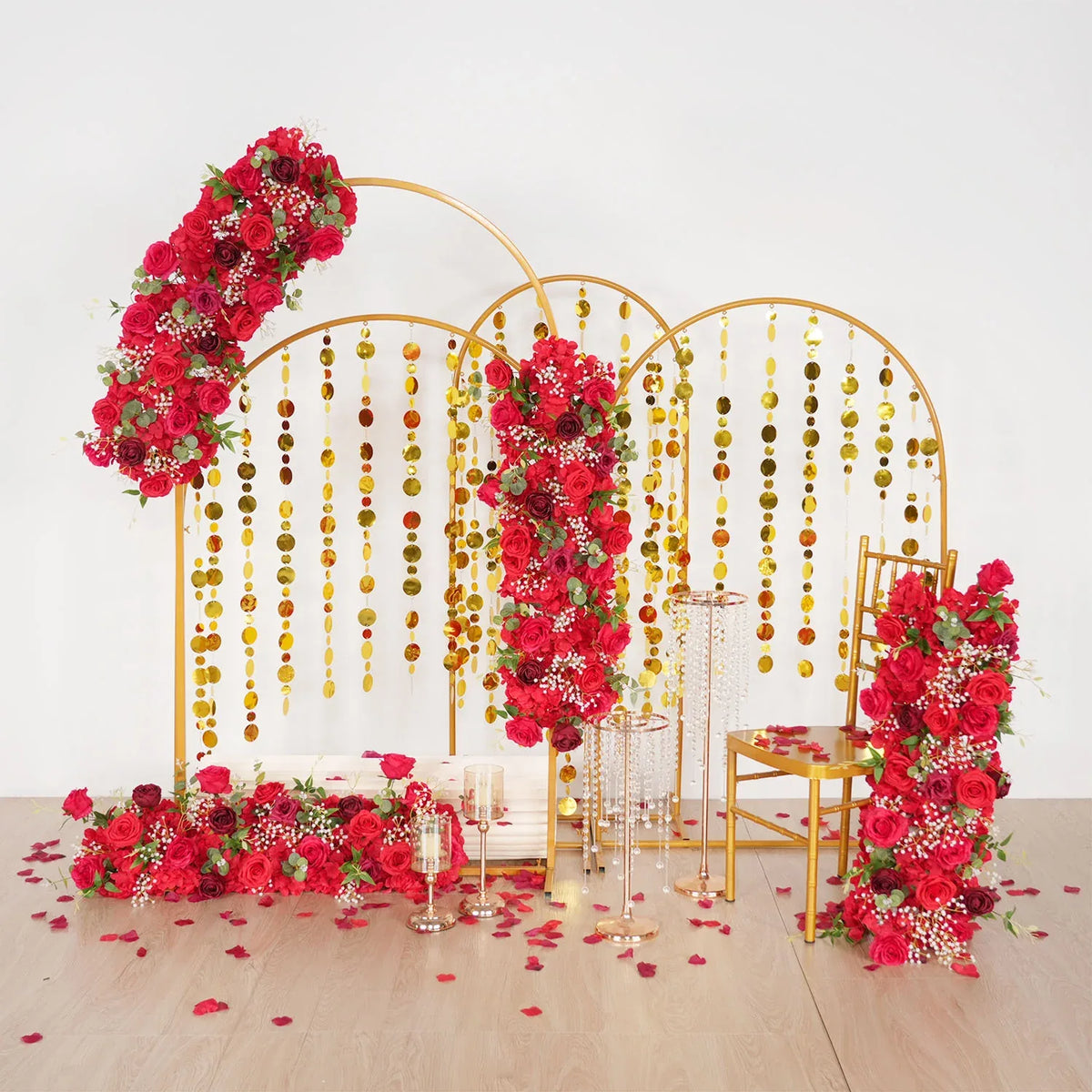 Uflower Artificial Red Rose Babysbreath Green Leaf Flower Row Wedding KT Backdrop Decor MC80131 - Uflower