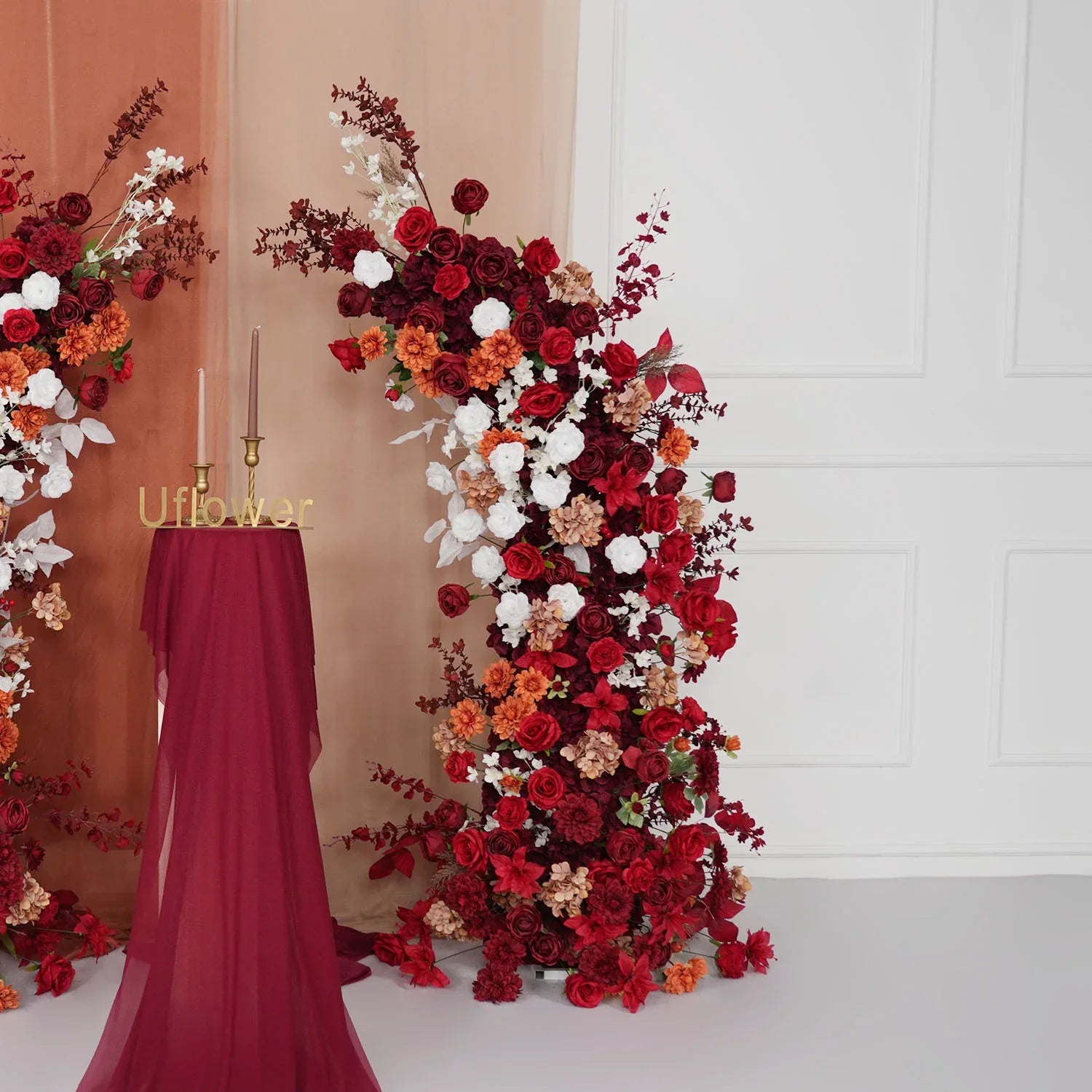 Uflower Autumn Red Rose Floral Arrangement Horn Arch Wedding Backdrop Decor SET80134 - Uflower