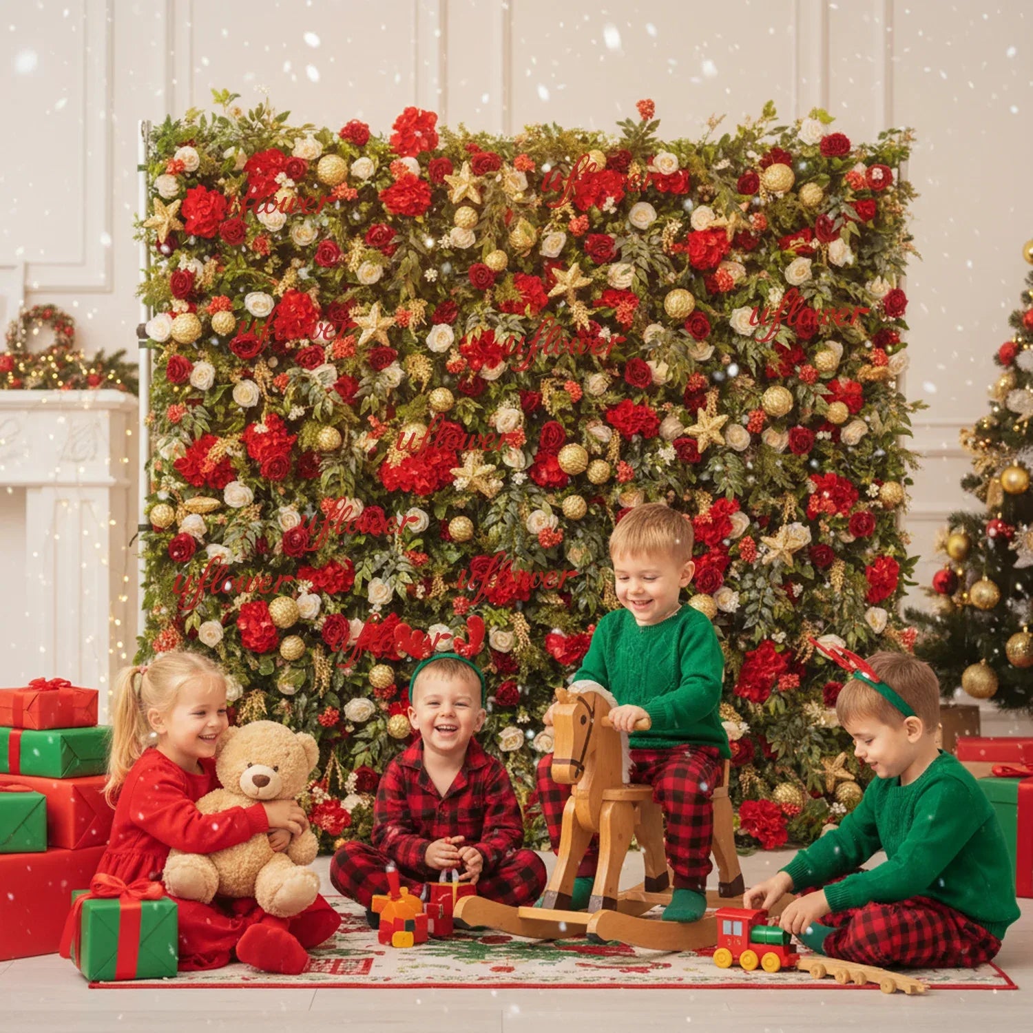 Uflower Christmas Red Gold Flower Wall Luxurious Star & Ball Decorated Floral Backdrop Holiday Party Decor - Uflower