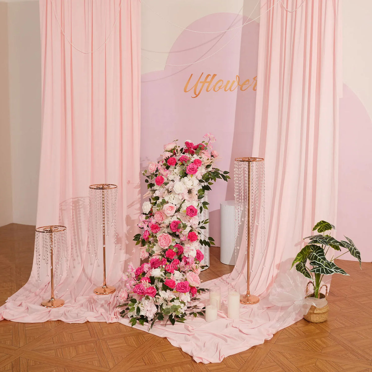 Uflower Décoration florale rose pour toile de fond de mariage, rangée de fleurs pour fête MC80083-01