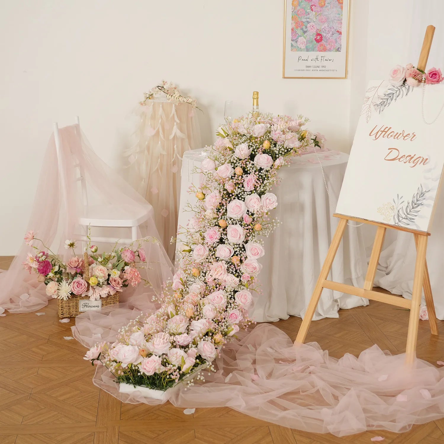 Uflower  Pink Rose&Baby's Breath Flower Row  Table Runner  MC80230-05