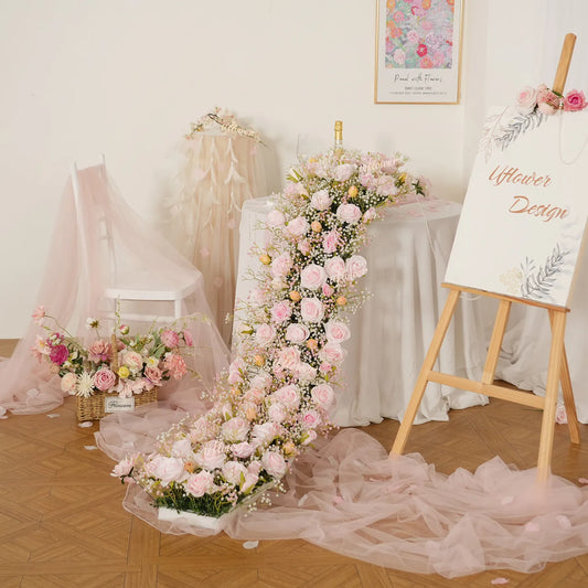 Uflower  Pink Rose&Baby's Breath Flower Row  Table Runner  MC80230-05