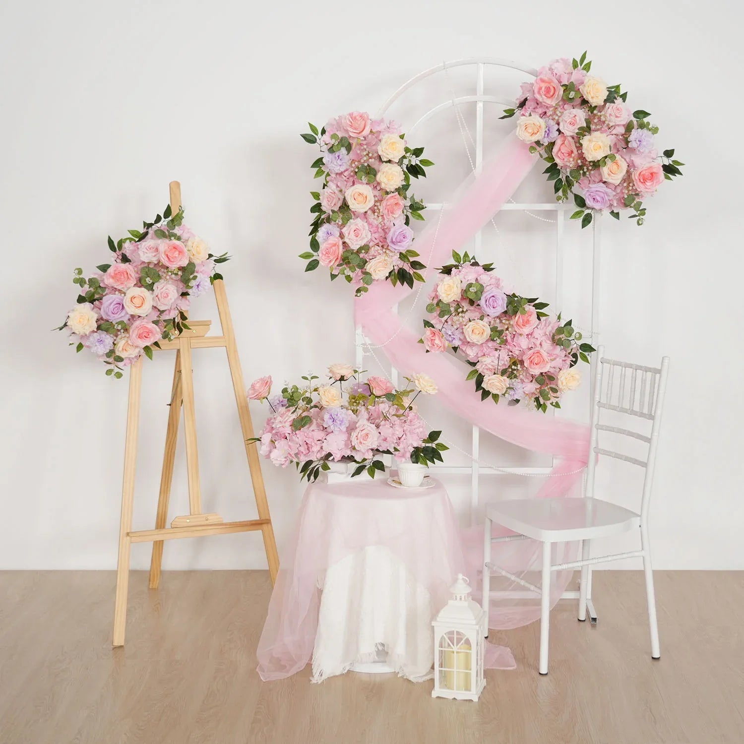 Uflower Artificial Pink Purple Rose Green Leaf Flower Row Wedding KT Backdrop Decor MC80139-01 - Uflower