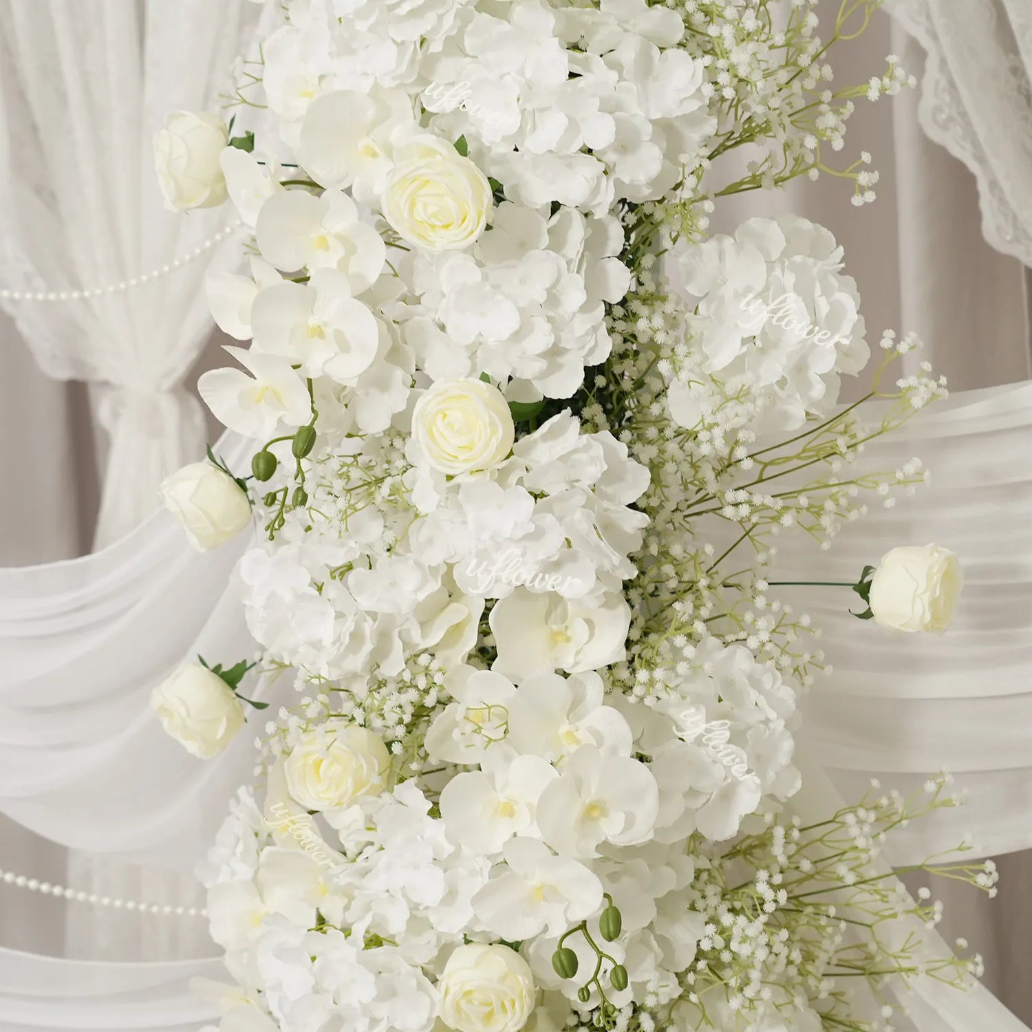 Uflower Baby's Breath White Floral Horn Arch Wedding Party Backdrop Decor SET80231