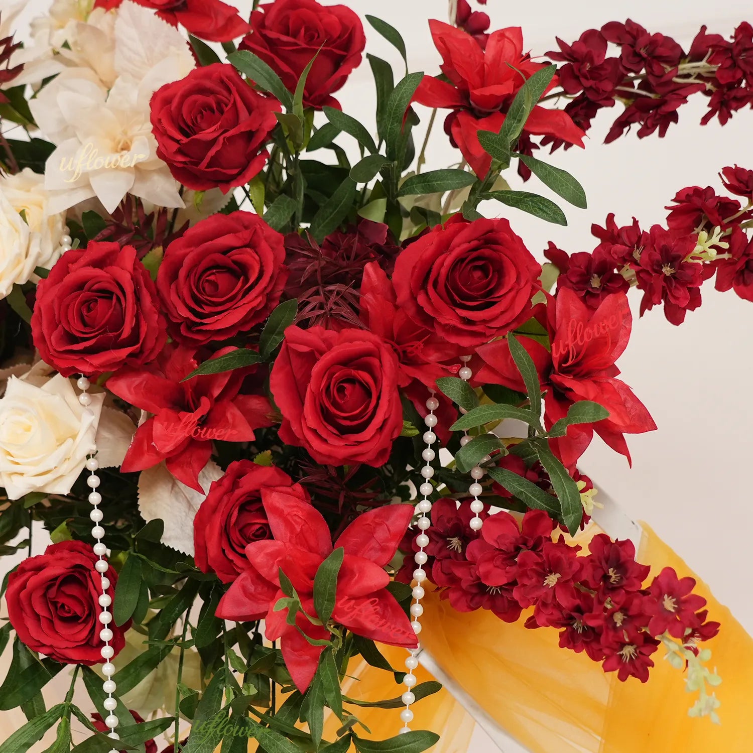 Uflower Red Orange  Flower Wedding Backdrop Arch Floral Arrangement SET80224