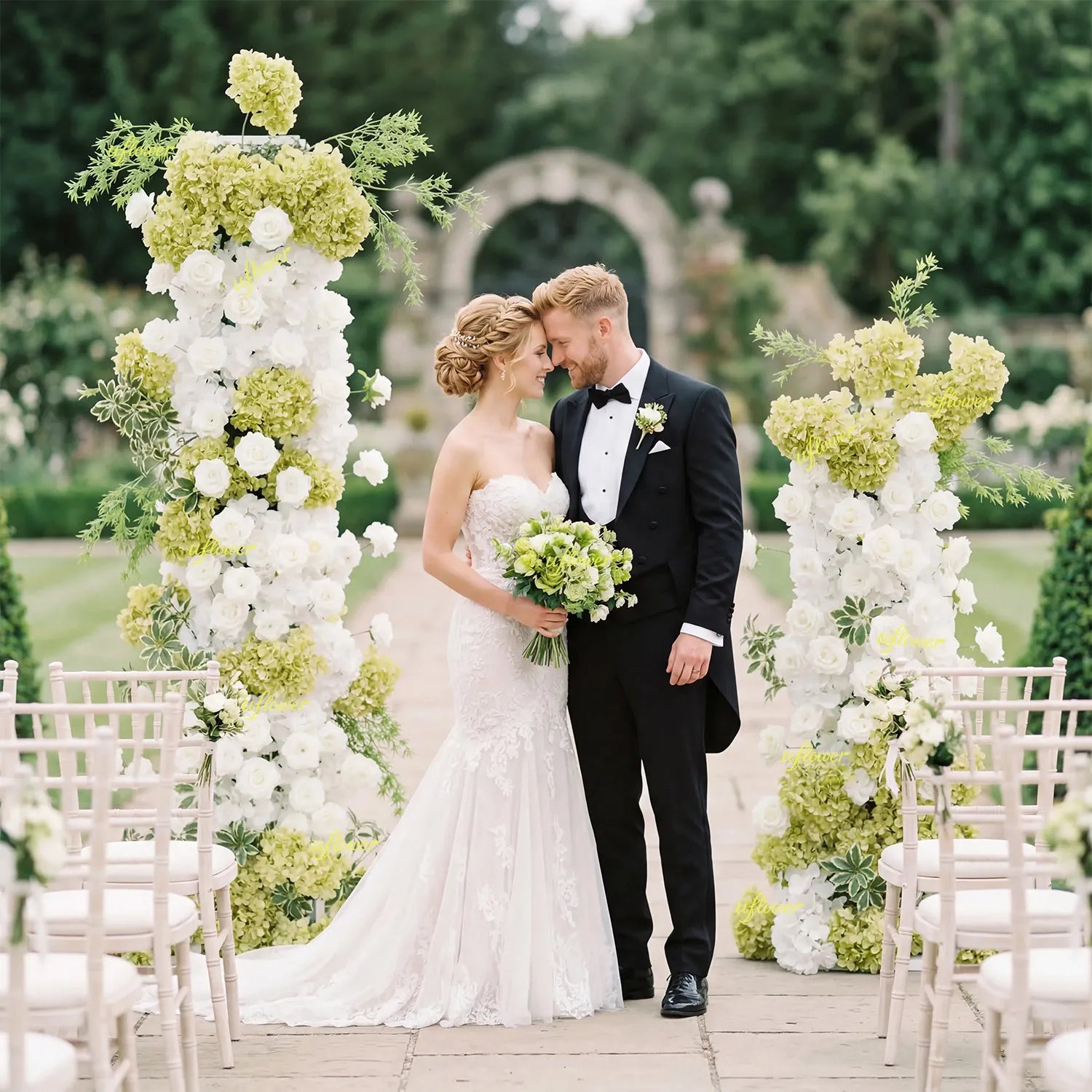 Uflower Artificial Green White Hydrangea Rose Flower Row Wedding KT Backdrop Decor SET80205