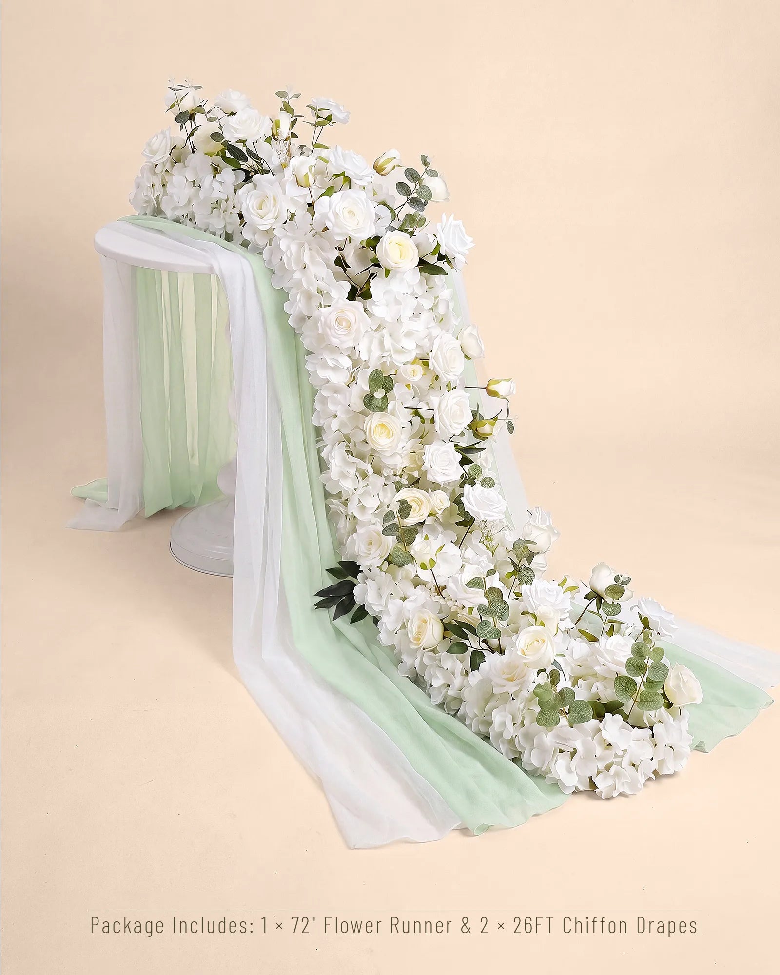 Uflower 200cm White Rose Greenery Flower Row with Drapes MC89004-02
