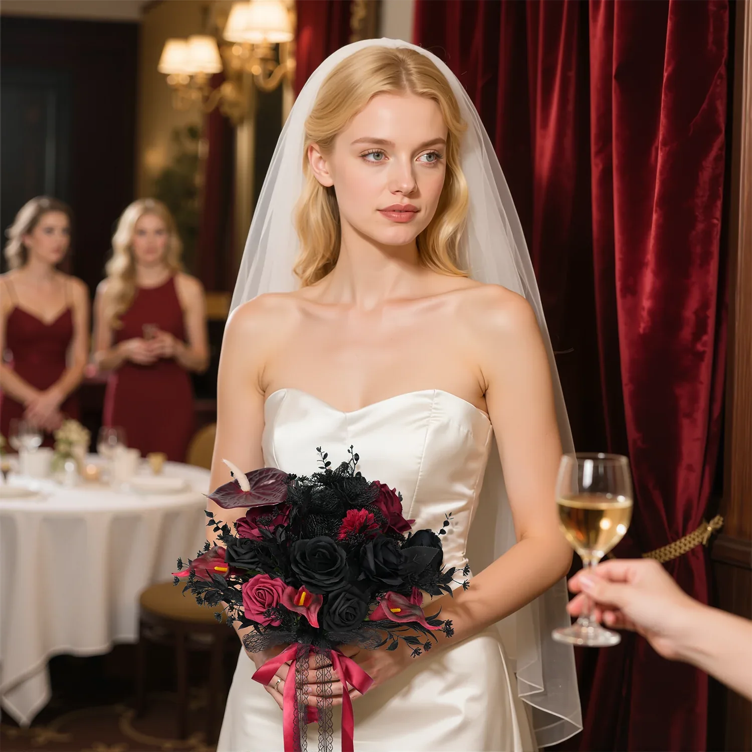 Uflower Black Burgundy Bride Bouquet Wrist Corsage Groom Boutonniere Set Wedding Event Supplies SET80080-11 - Uflower