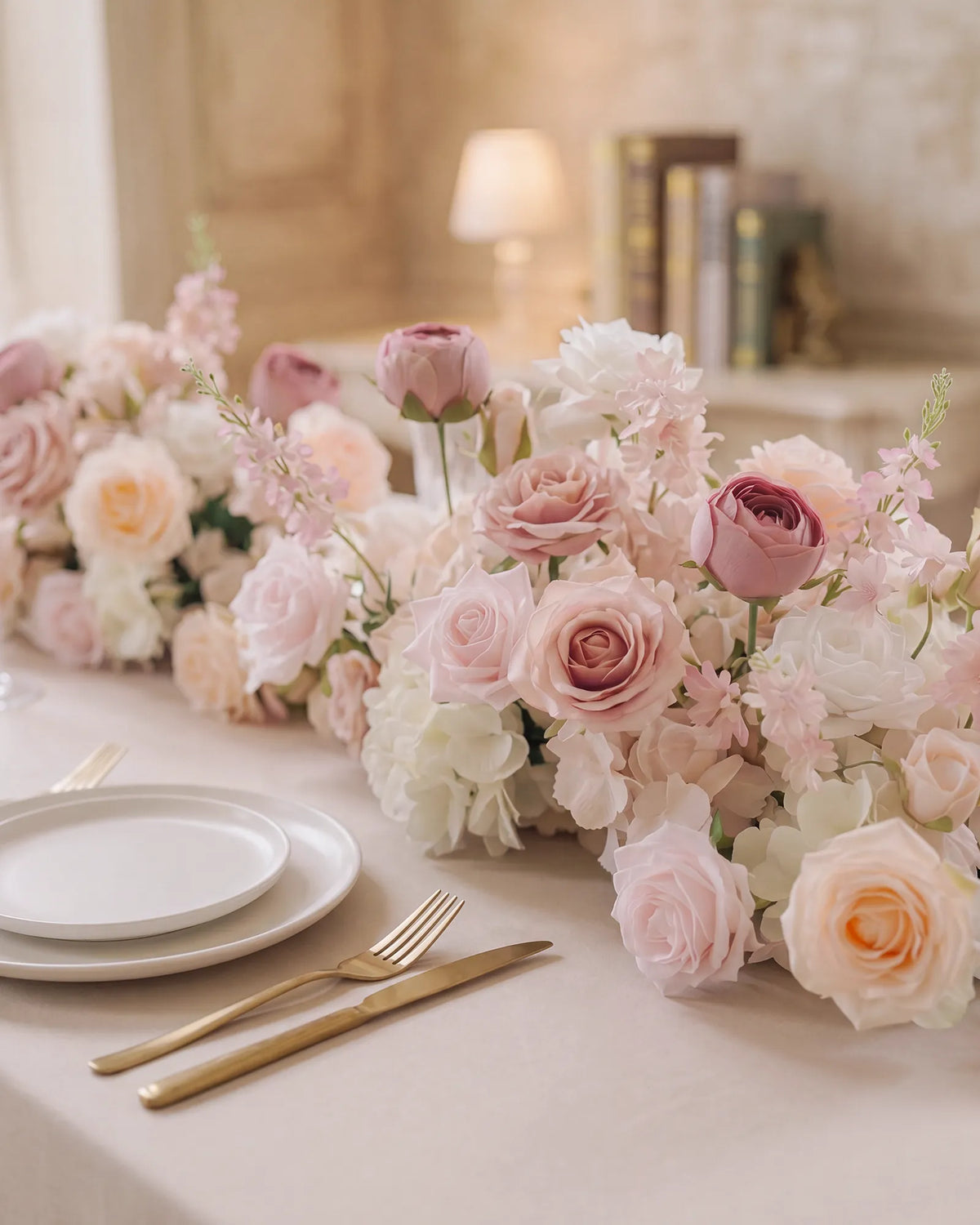 Uflower 50cm Rangée de fleurs rose pastel et blanc MC89003-03