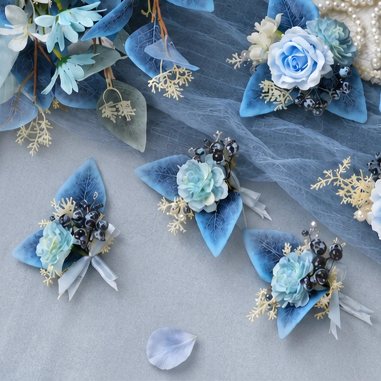 Uflower Romantic Blue Wedding Decor One-Stop Styling | Bridal Bouquet, Boutonnieres, Table Flowers