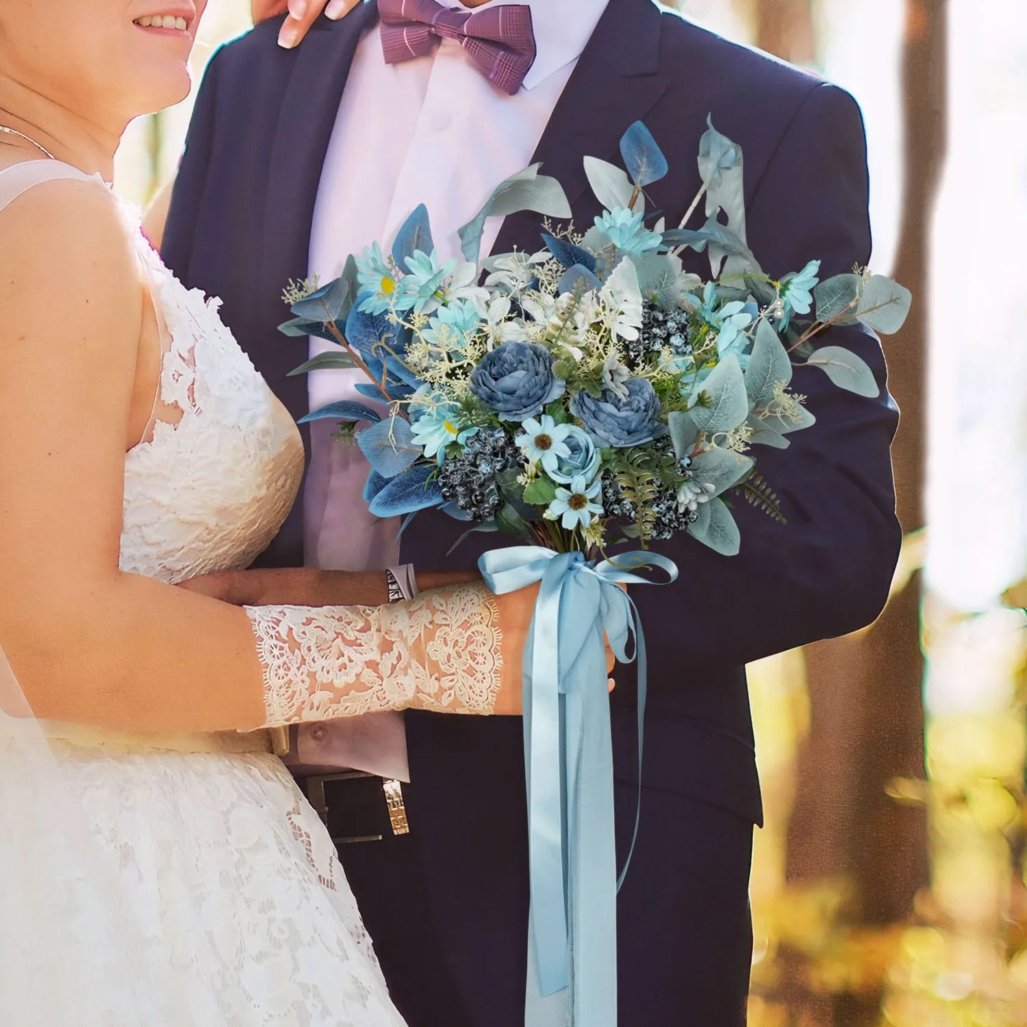 Uflower Small Round Bridal Bouquet in Dusty Blue MG80007-01