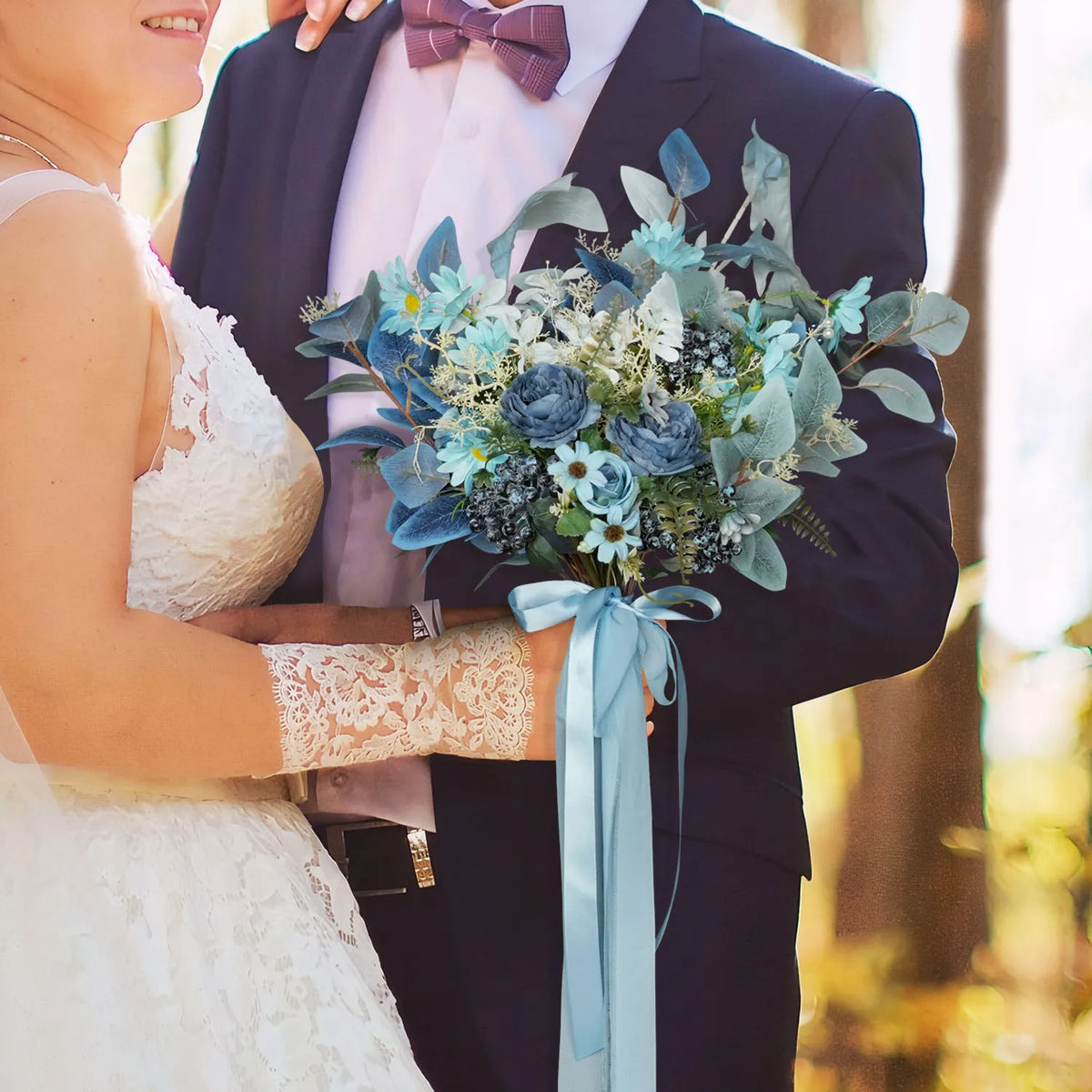 Uflower Small Round Bridal Bouquet in Dusty Blue MG80007-01
