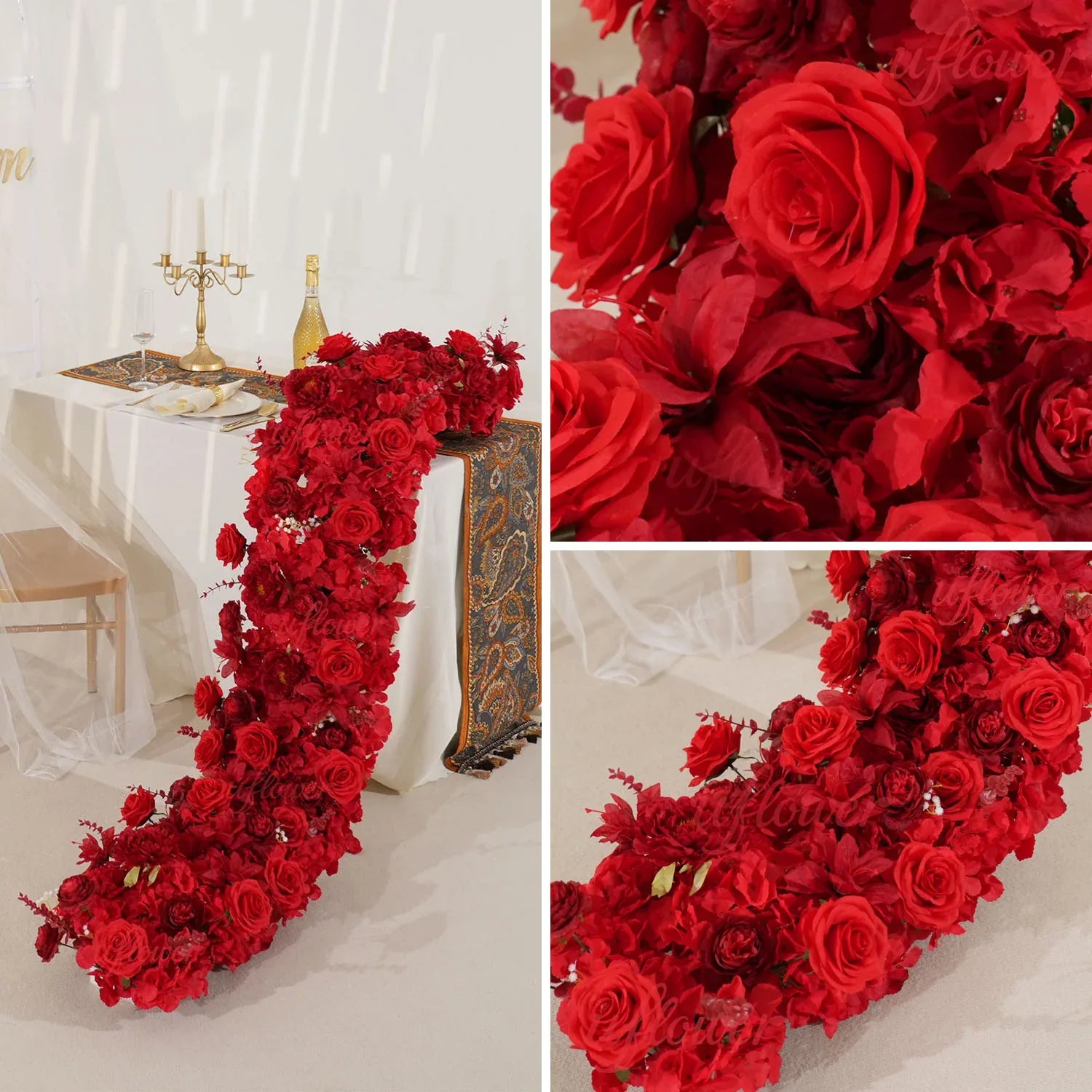 Uflower Artificial Red Rose Flower Row Wedding KT Backdrop Decor MC80075-03 - Uflower